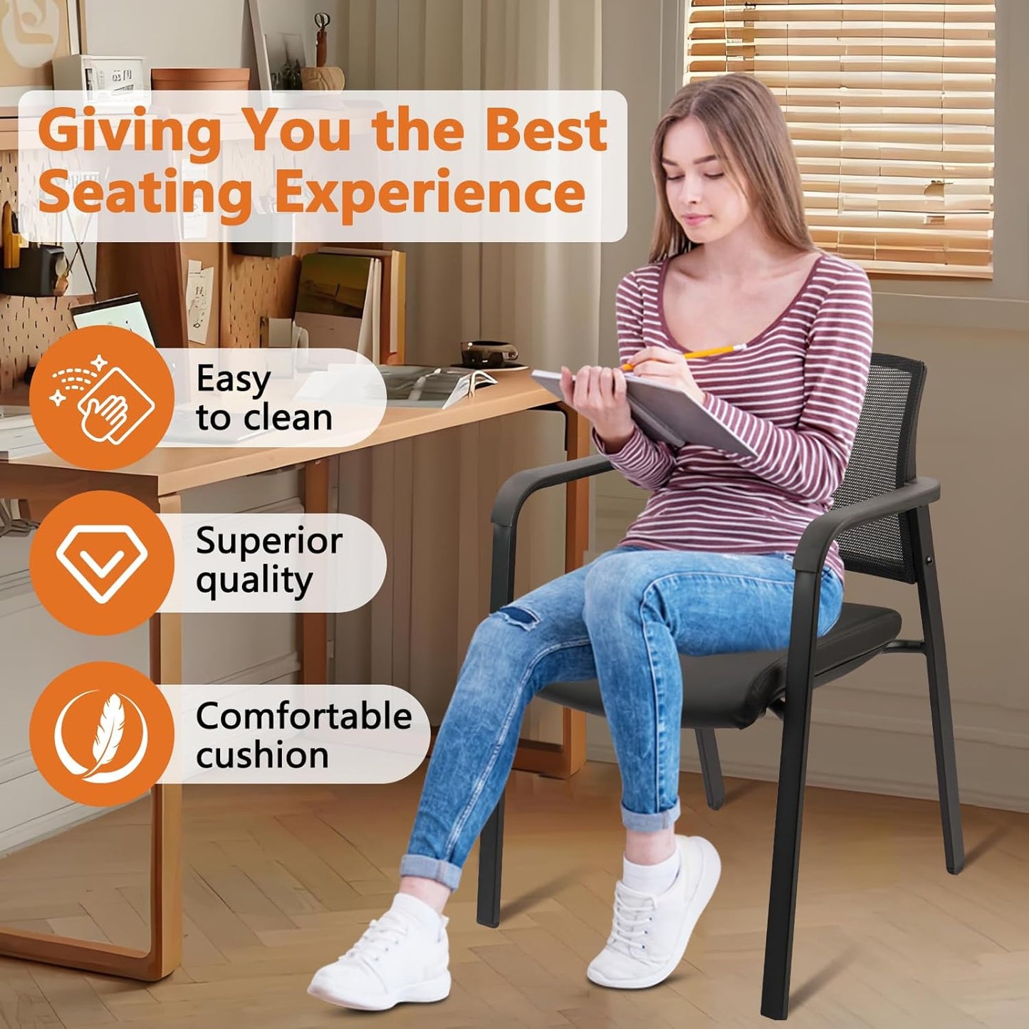 CLATINA Stackable Office Chair, Mesh Back Guest Chairs with Comfortable Leather Seat Arms Stacking Ergonomic Desk Chair No Wheels for Conference Waiting Reception School Stationary, Black, Set of 4