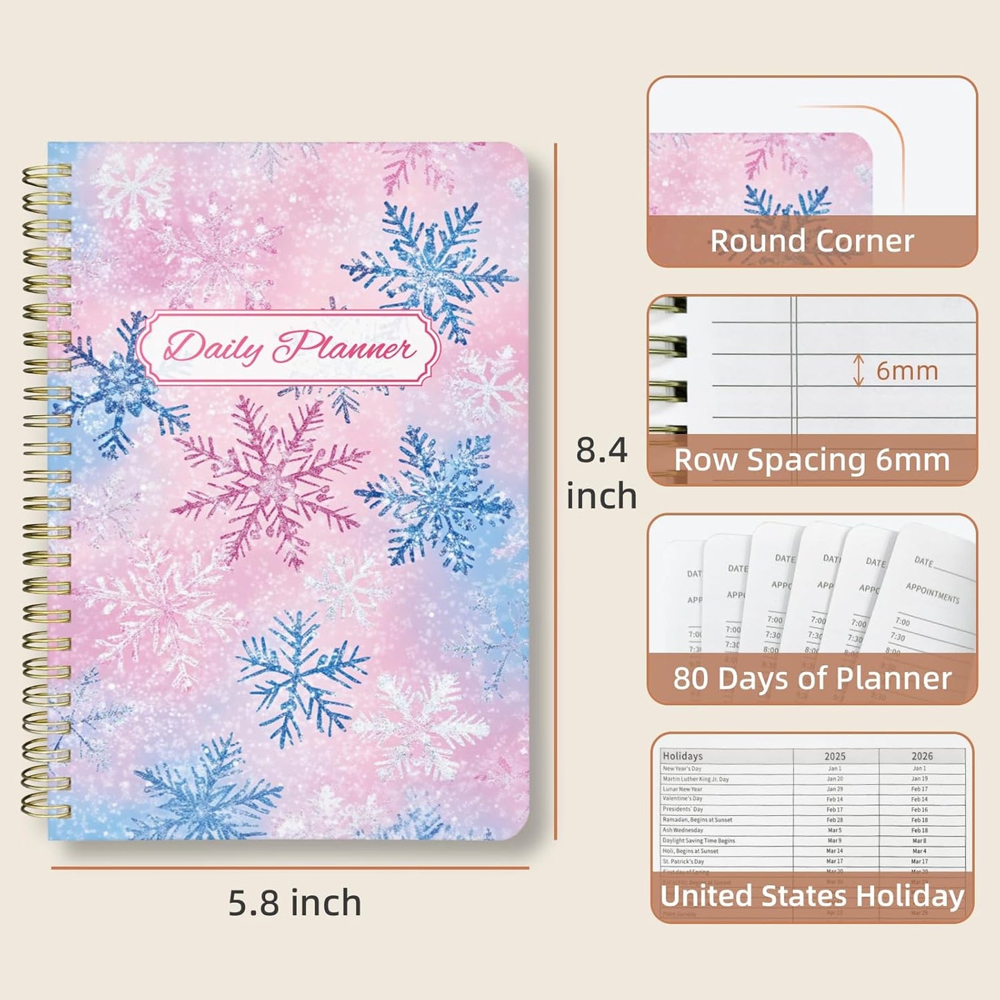 Undated Daily Planner - Spiral Notebook 80 Days One Day Per Page, Hourly Schedule, To-Do List, Notes, Everyday Planning Task, A5 Hardcover Journal Organizer Book Women Cute Aesthetic, Winter