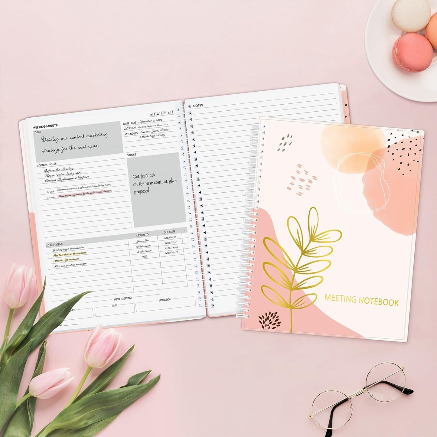 SUNEE Half Meeting Half Note - 8.5"x11" Professional Notebooks for Work - 160 Pages, A4 Size Project Planner, Spiral Meeting Agenda/Minutes Organizer for Women Men, Note Taking, Office & Business