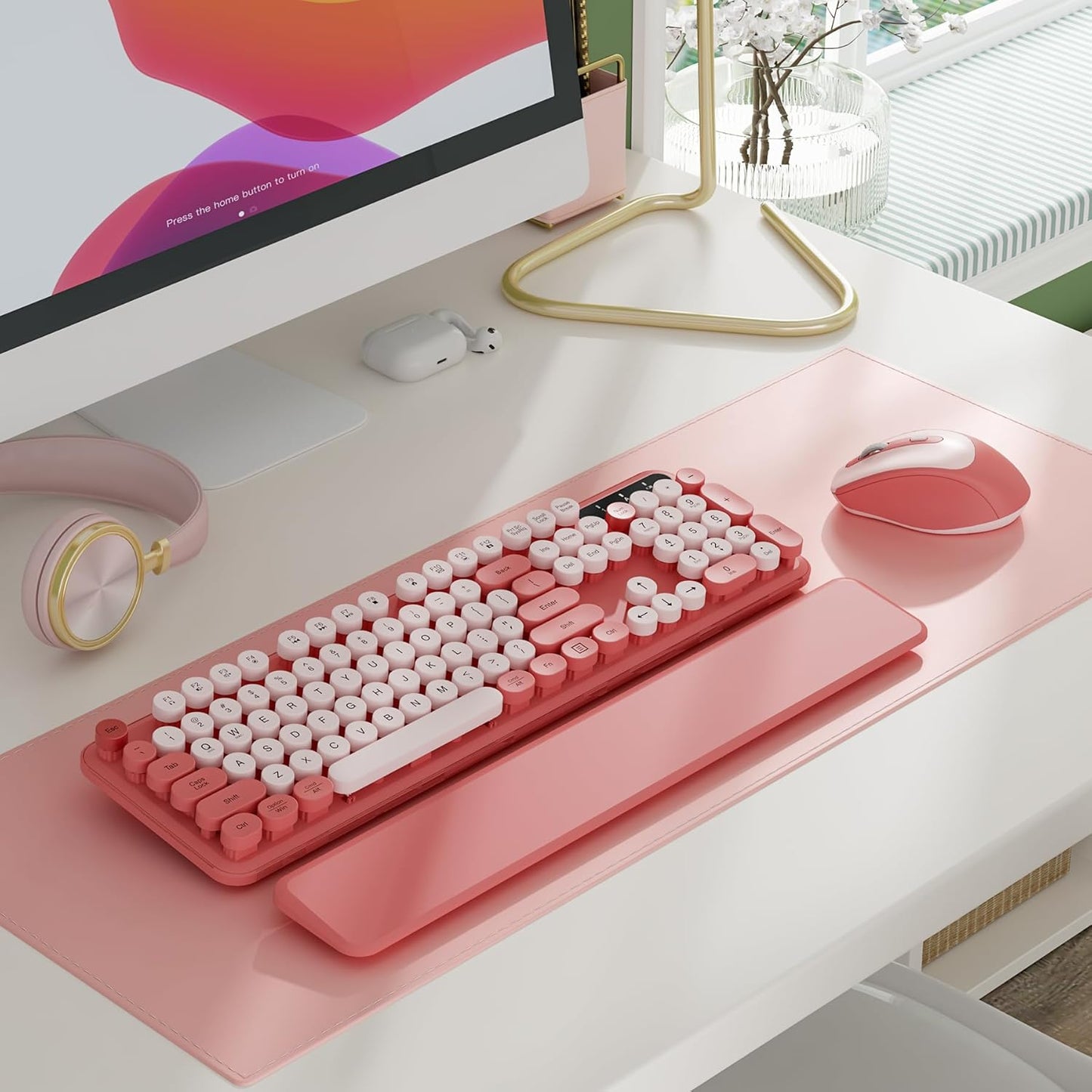 Wireless Keyboard and Mouse - Cute Round Keycaps, Detachable Wrist Rest, Full-Size Retro Typewriter Keyboard with Tilt Legs, 2.4G Wireless Combo for Women, PC, Laptop, Windows - Trueque (Blush Pink)
