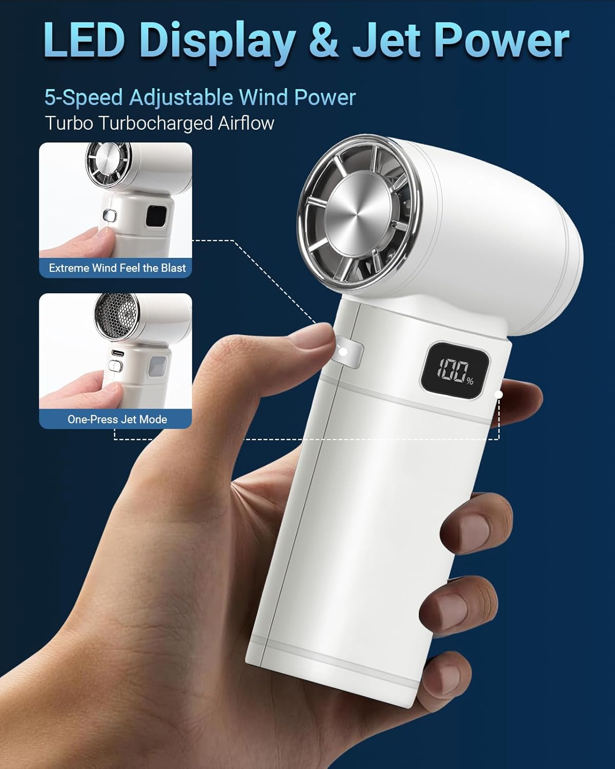 Handheld Mini Turbo Fan 120000RPM 6-Speed Turbo Power 9000mAh Portable High Speed Cooling Personal Fan with Digital Display LED Light for Travel Beach Camping (White)