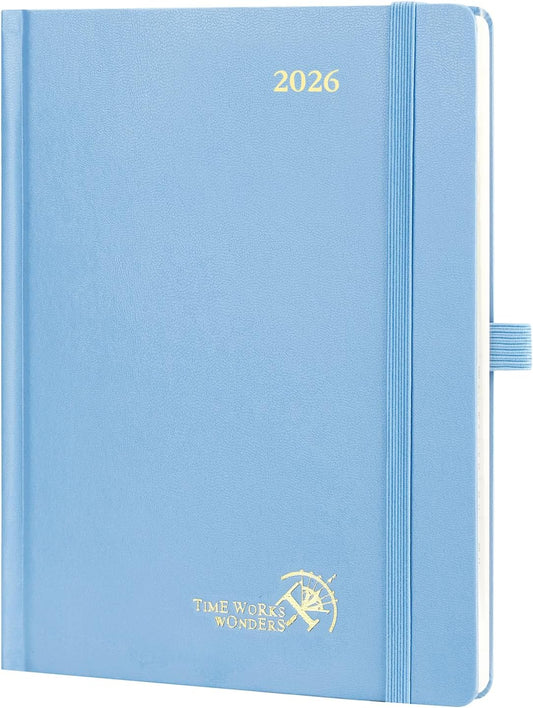 POPRUN 2026 Planner (Medium Size 8.5''x 6.5'' Hardcover) - Daily Weekly and Monthly Calendar Agenda 2026 Appointment Book with Hourly Time Slots, Monthly Tabs, 100 GSM - Haze Blue