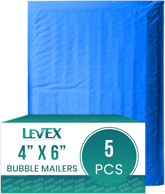 Levex - #0000 4" x 6" [5 Pack] Blue Poly Bubble Mailers, Padded Envelope Mailers, Packing Envelope & Mailing Bags for Shipping