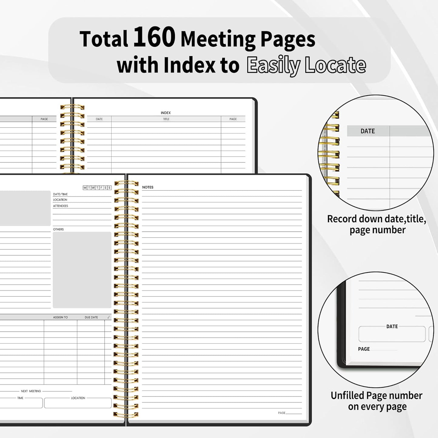 SUNEE Half Meeting Half Note - 7.5"x10" Professional Notebooks for Work - 160 Pages, B5 Size Project Planner, Spiral Meeting Agenda/Minutes Organizer for Women Men, Note Taking, Office & Business