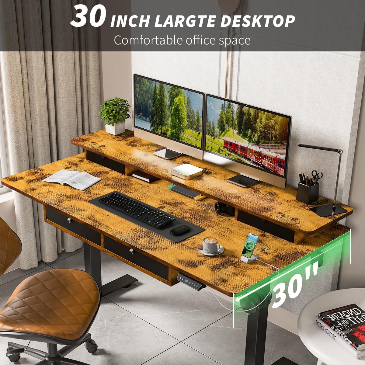 Standing Desk with Fast Charging USB Ports, 55" x 30" Height Adjustable Home Office & Gaming Desk, Sit Stand Desk with Built-in Storage Shelf, Hook & Ergonomic Design(Rustic Brown)