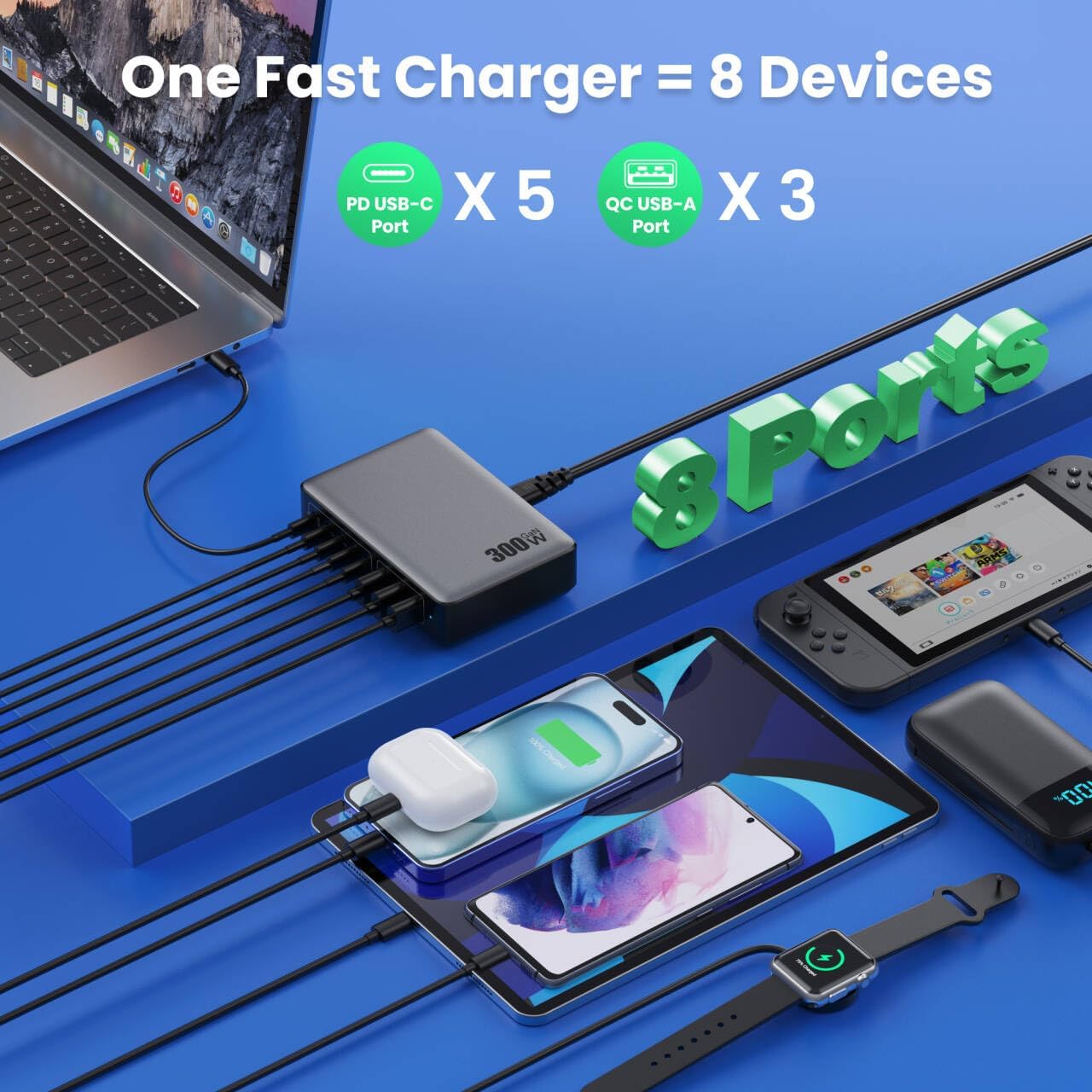 USB C Charger 300W USB C Charger Block, 8-Ports GaN IV Fast Charging Station Hub, Dual PD 100W Laptop Charger Adapter,for MacBook Pro/Air/iPad/iPhone16/15/14/Apple Watch/DELL/Samsung for Home Office