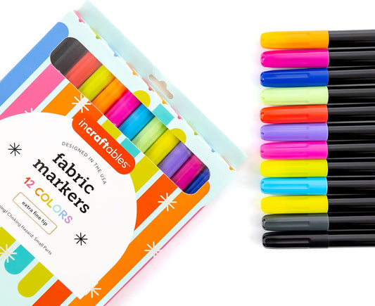 Incraftables Fabric Markers - 12 Pack Permanent Non-Bleed Markers for Clothes, Kids Crafts, Canvas Tote Bags, Quilting, & More - Vibrant Fabric Paint Pens
