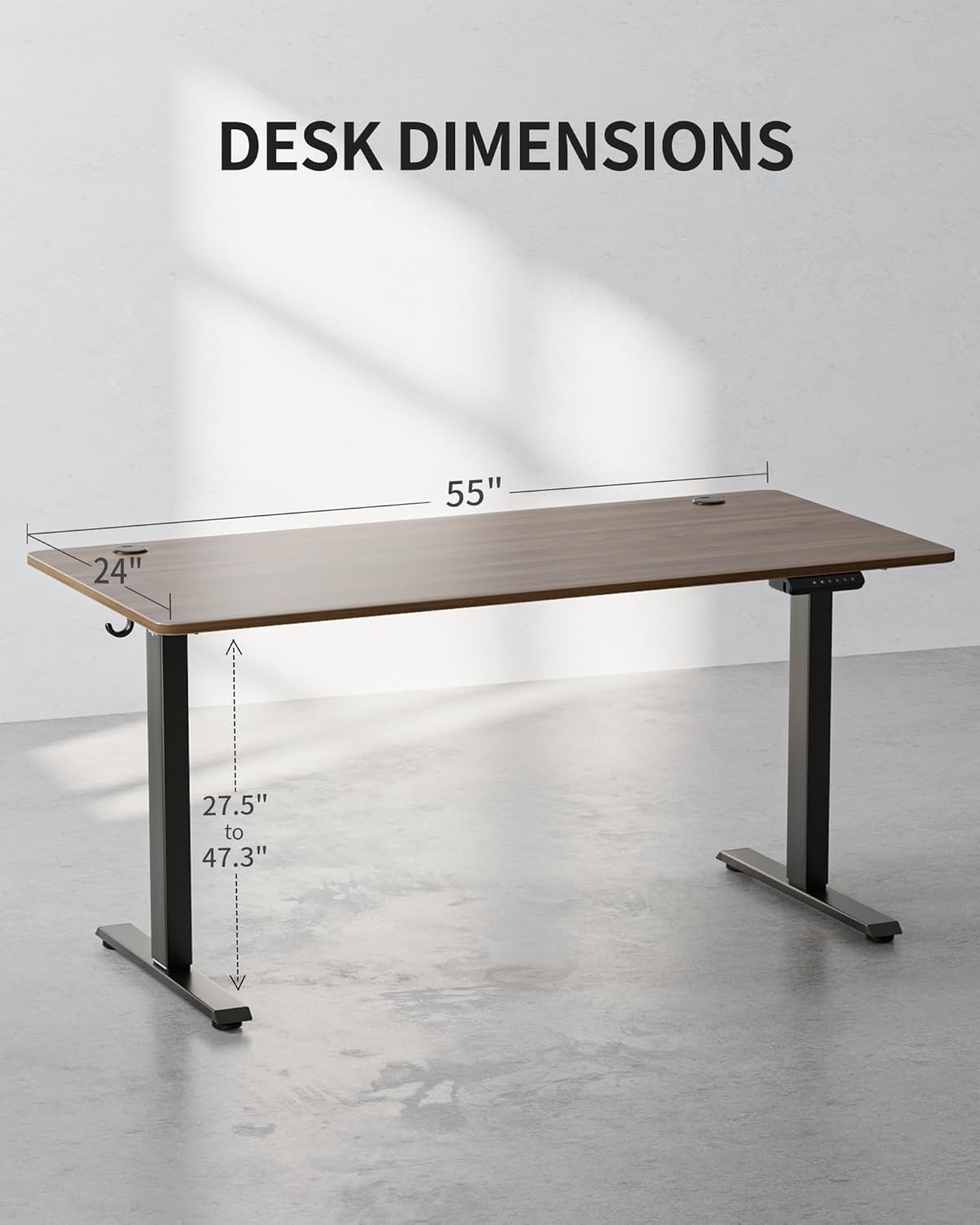 FEZIBO One-Piece Standing Desk Adjustable Height Stand up Home Office Desk, 55x24 Inch Electric Standing Computer Desk, with 4 Memory Presets, Fixable casters, Black Walnut