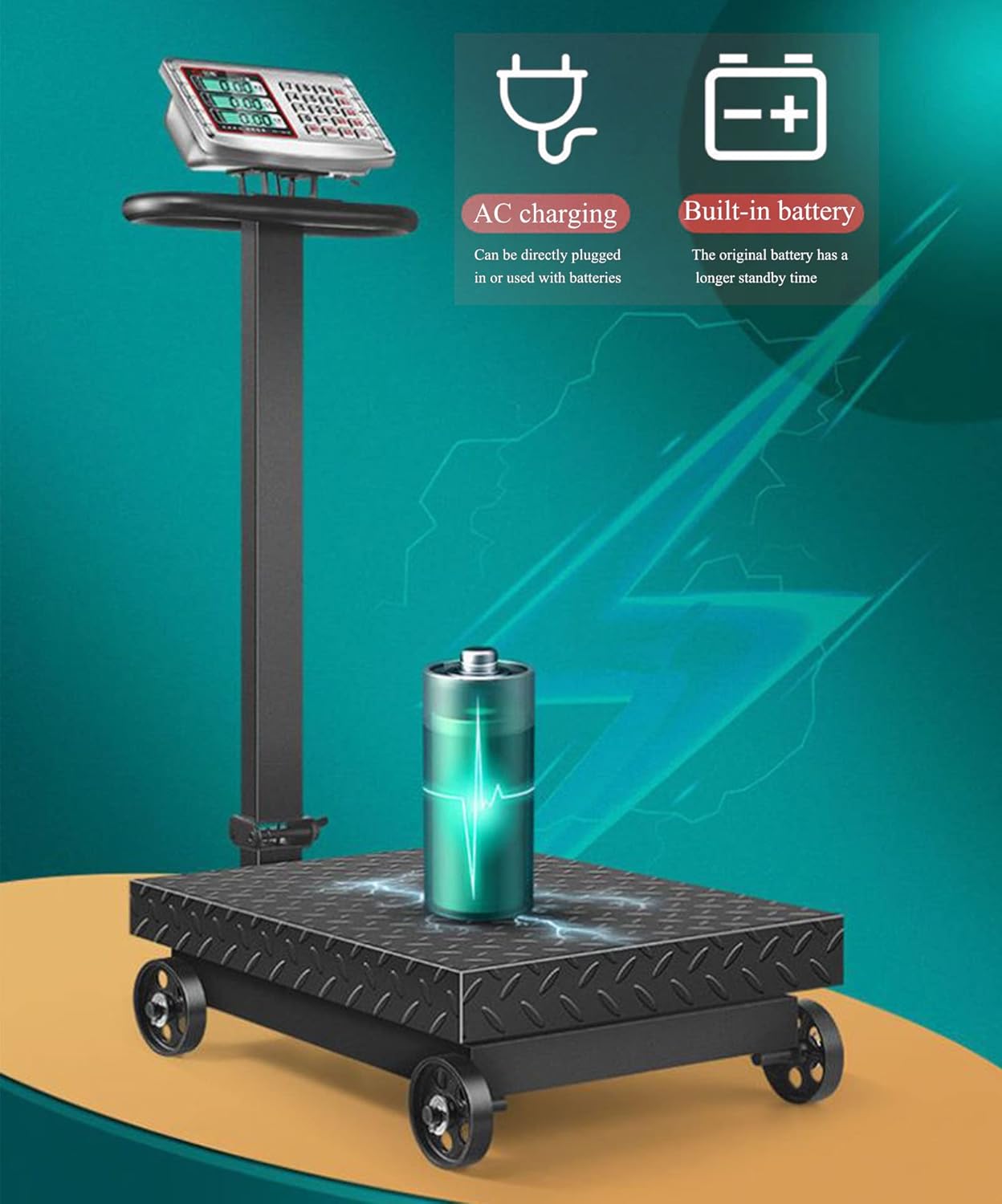 Industrial Platform Scale with Wheels 660lb Computing Digital Floor Scale with Accurate LB/KG Price Calculator High-Definition Displa Foldable Rechargable for Weighing Luggage Package