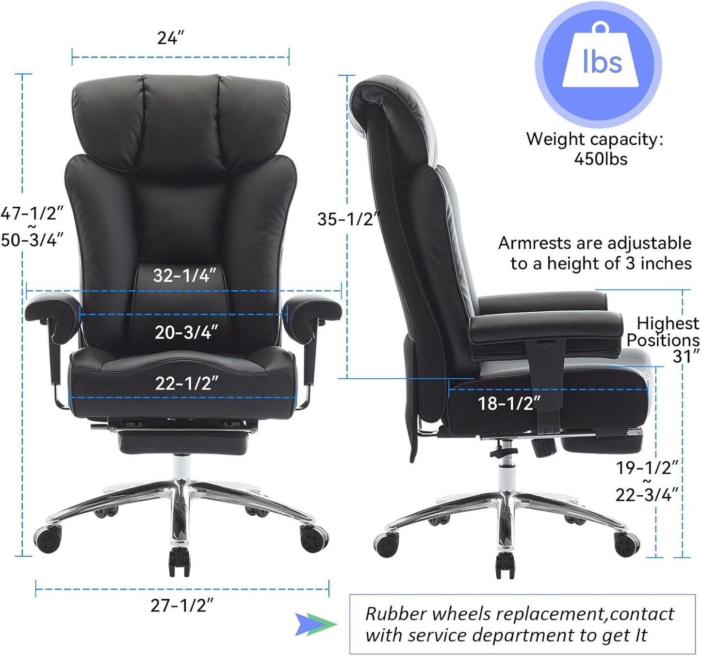 Efomao Ergonomic Office Chair 450LBS with Foot Rest, High Back PU Leather Executive Office Chair with Adjustable Armrests, Lumbar Support for Home or Work, Computer Chair, Black