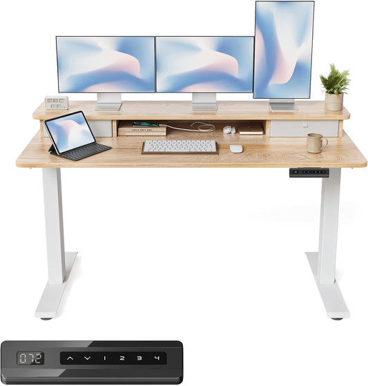 FEZIBO 63 x 28 Inch Deeper Height Adjustable Electric Standing Desk with Double Drawers, Sit Stand Up, Home Office Computer Desk with 4 Height-Adjustable Feets & 2 Hooks, White Frame/Maple Top