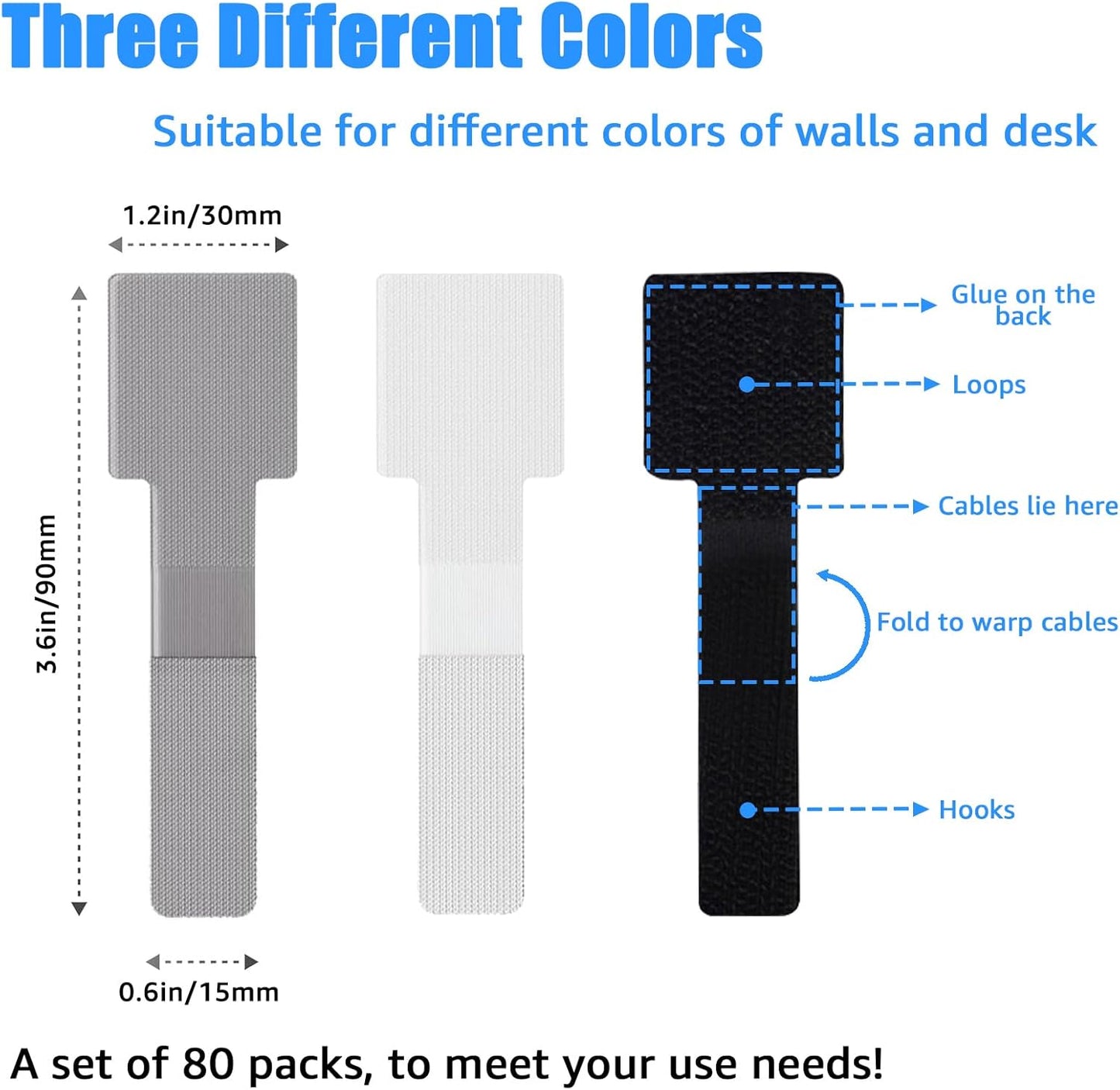 80PCS Hook and Loop Cable Ties, Hook and Loop Cable Straps, Under Desk Cable Management, Adhesive Cable Clips, Sticky-Back Cord Organizer for Desk, Household & Office Organization (White+Gray)