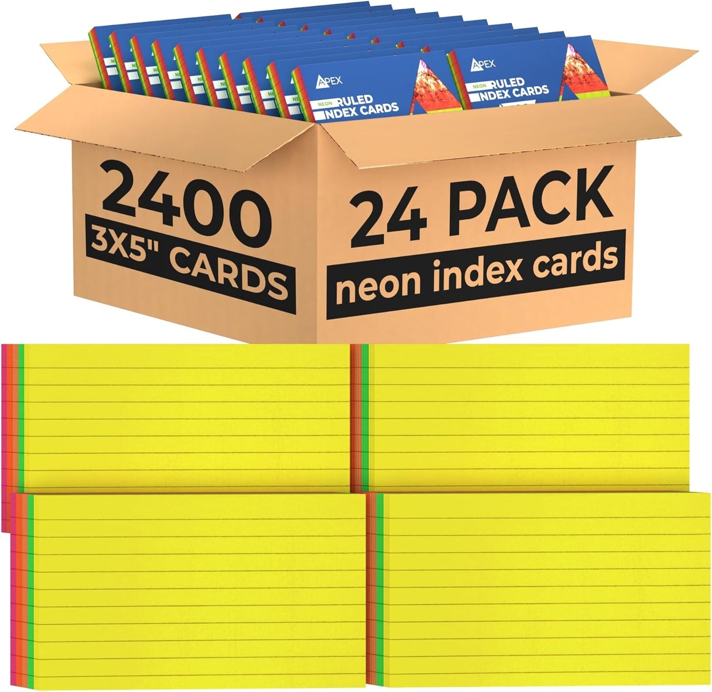 Index Cards Bulk (2400 Cards), Neon Flash Cards For Studying, Note Cards, Flashcards, Index Cards 3x5, Notecards, 100 Per Pack, (24 Pack)