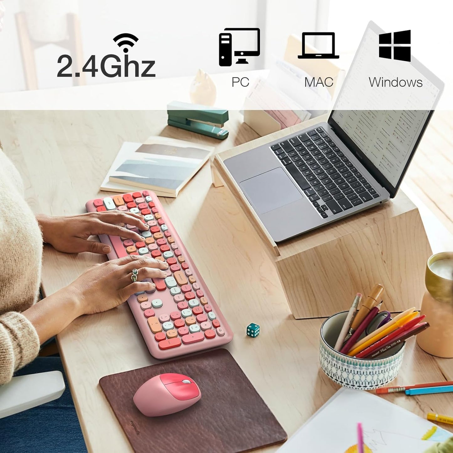 MOFII Wireless Keyboard and Mouse, Ergonomic Full Size Keyboard and Mouse Combo for Mac, Windows 7/8/10, Laptop, Desktop, PC, Computer (Pink Colorful)