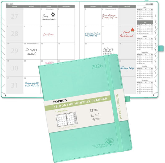 POPRUN Monthly Planner 2025-2026 (Large- 8.5" x 10.5" Soft Cover), 18-Month Calendar Book (Jul.2025-Dec.2026), Calendar Planner with Monthly Tabs & Pocket, 100 GSM Paper - Green