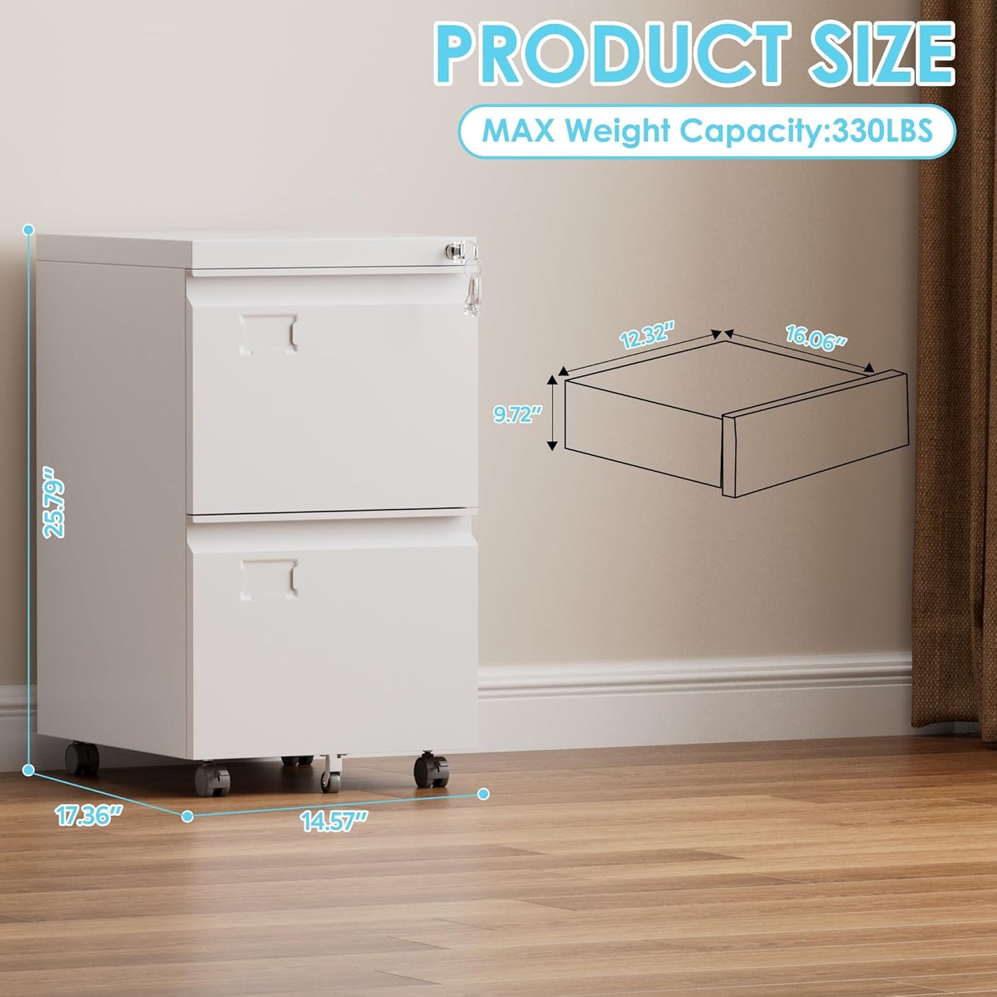 2 Drawer Mobile File Cabinet with Lock,Under Desk Metal Filing Cabinets for Home Office Fits Letters/Legal/A4 Size Folder, Assembly Required, White