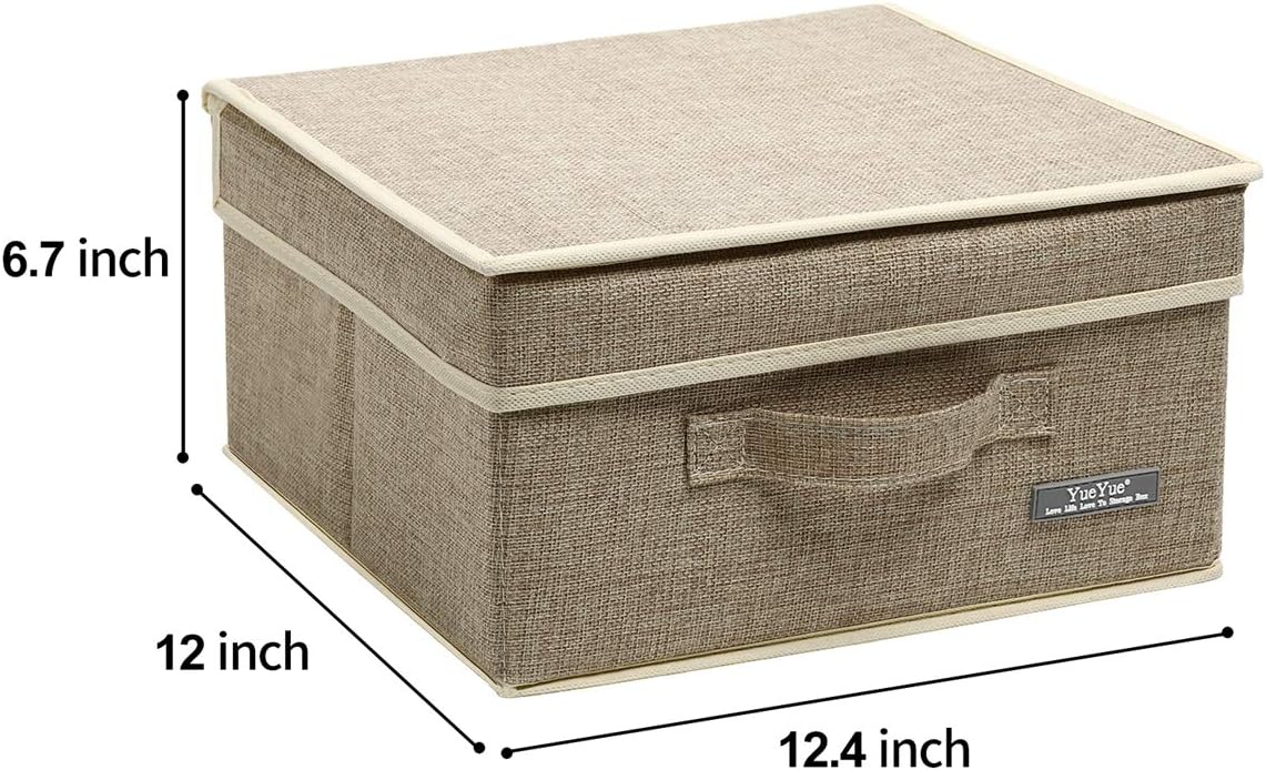YueYue 4 Pack Small Fabric Storage Box with Lids, Foldable Linen Storage Box with Lids 4 Pieces Gray&Linen Set 12.4in/12in/6.7in