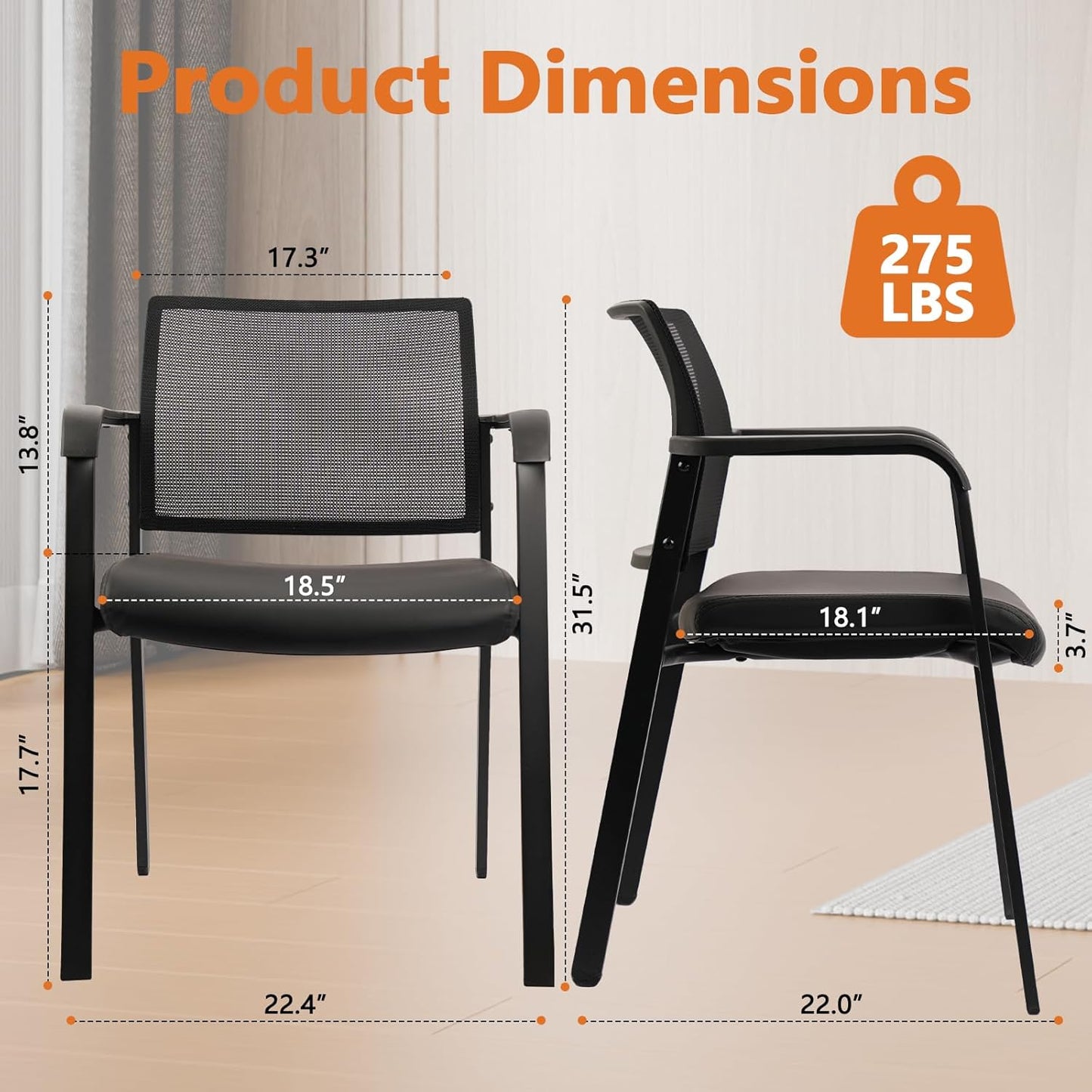 CLATINA Stackable Office Chair, Mesh Back Guest Chairs with Comfortable Leather Seat Arms Stacking Ergonomic Desk Chair No Wheels for Conference Waiting Reception School Stationary, Black, Set of 2