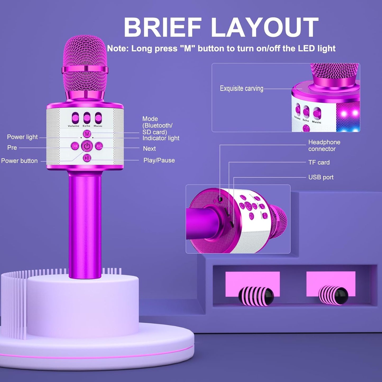 BONAOK Karaoke Microphone for Kids & Adults - Bluetooth Microphones Singing Mic with Disco Lights, Echo Effect, Built-in Speaker Portable Karaoke Player for Party Travel Gifts Q78(Purple)