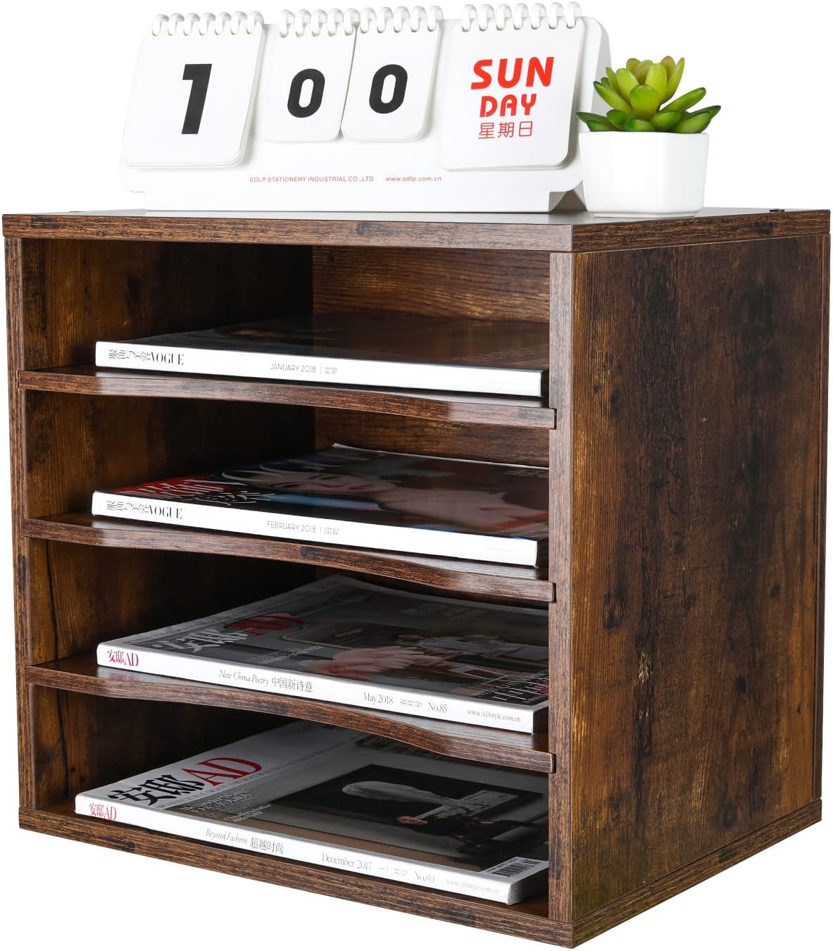 PAG Mail Sorter, Wood Countertop Literature Organizer, Office Supplies Desktop File Bill Paper Organizer for Home School, 4 Compartments, Antique Brown