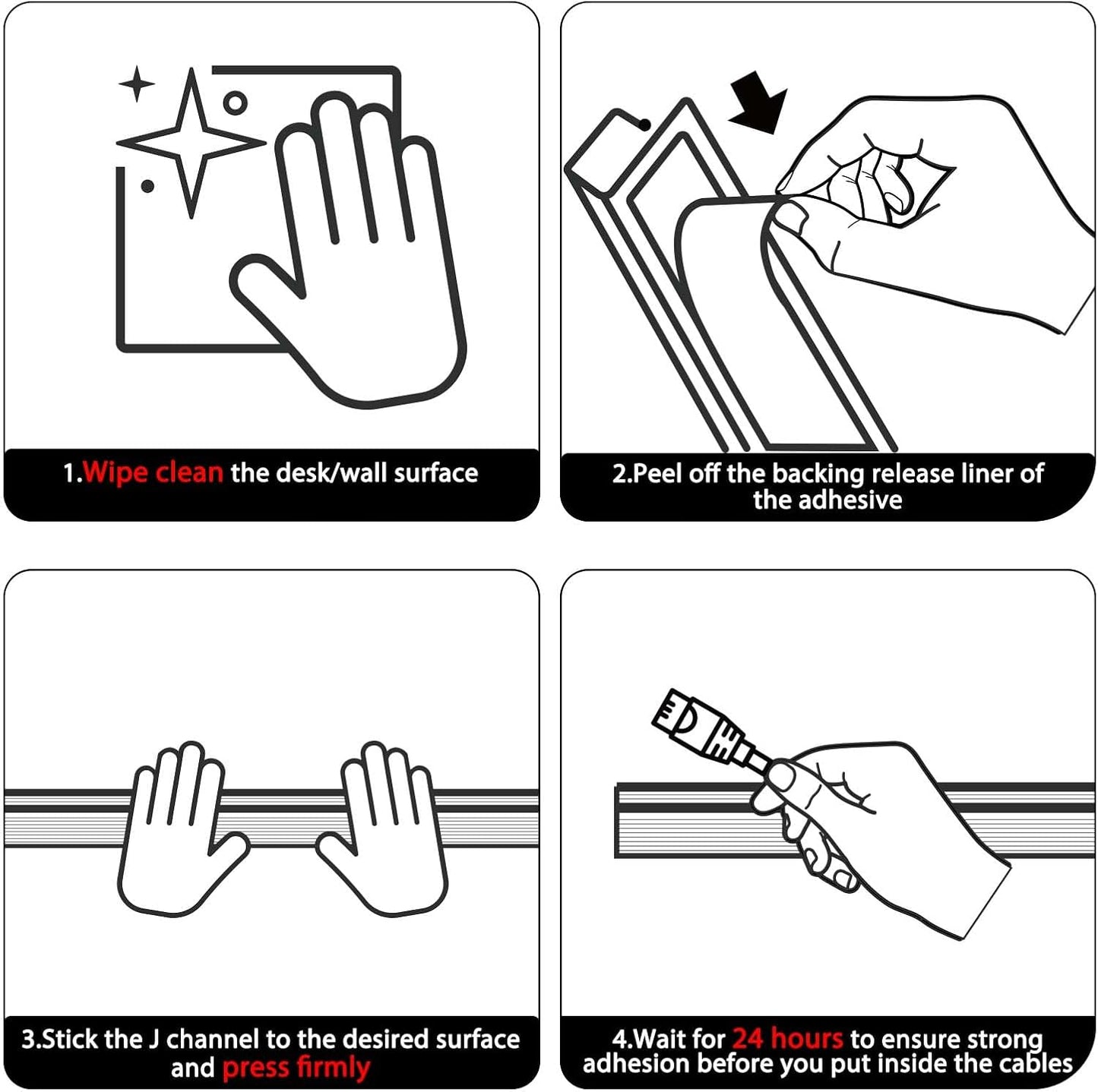 YECAYE 94.2in Cable Management, Cable Organizer,Adhesive Mount Cord Organizer for Desk, Cord Organizer, No-Drill Desk Wire Management for Home Office, Baby proofing, Black