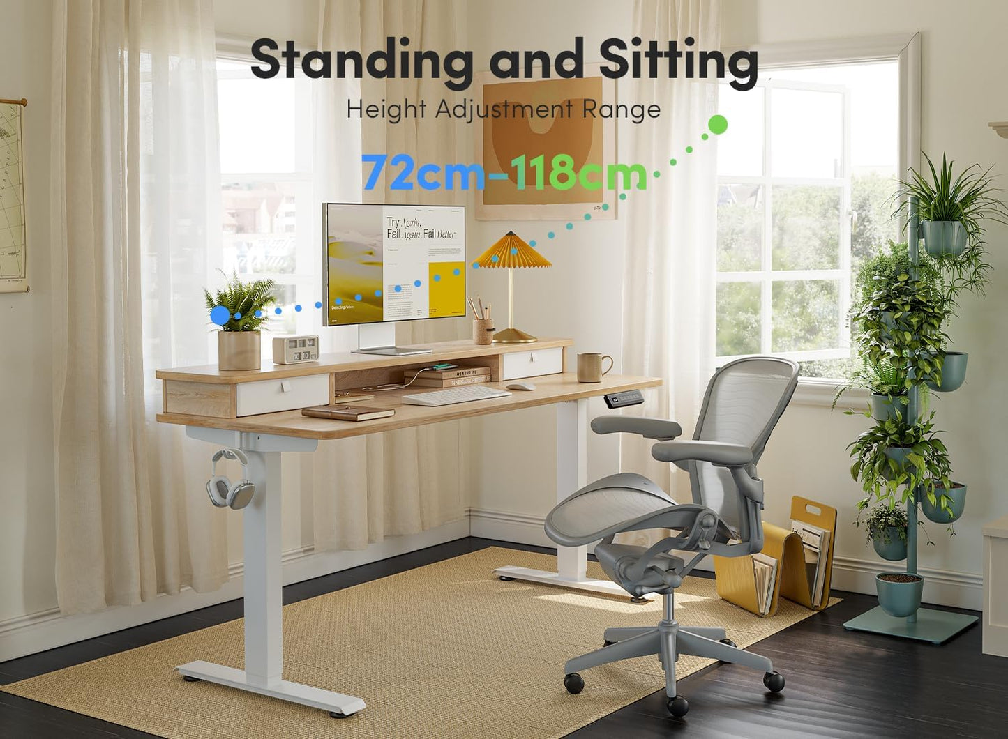FEZIBO 48 x 24 Inch Height Adjustable Electric Standing Desk with Double Drawer, Computer Desk, Home Office Stand Up Table with 4 Height-Adjustable Feets & 2 Hooks, Light Rustic