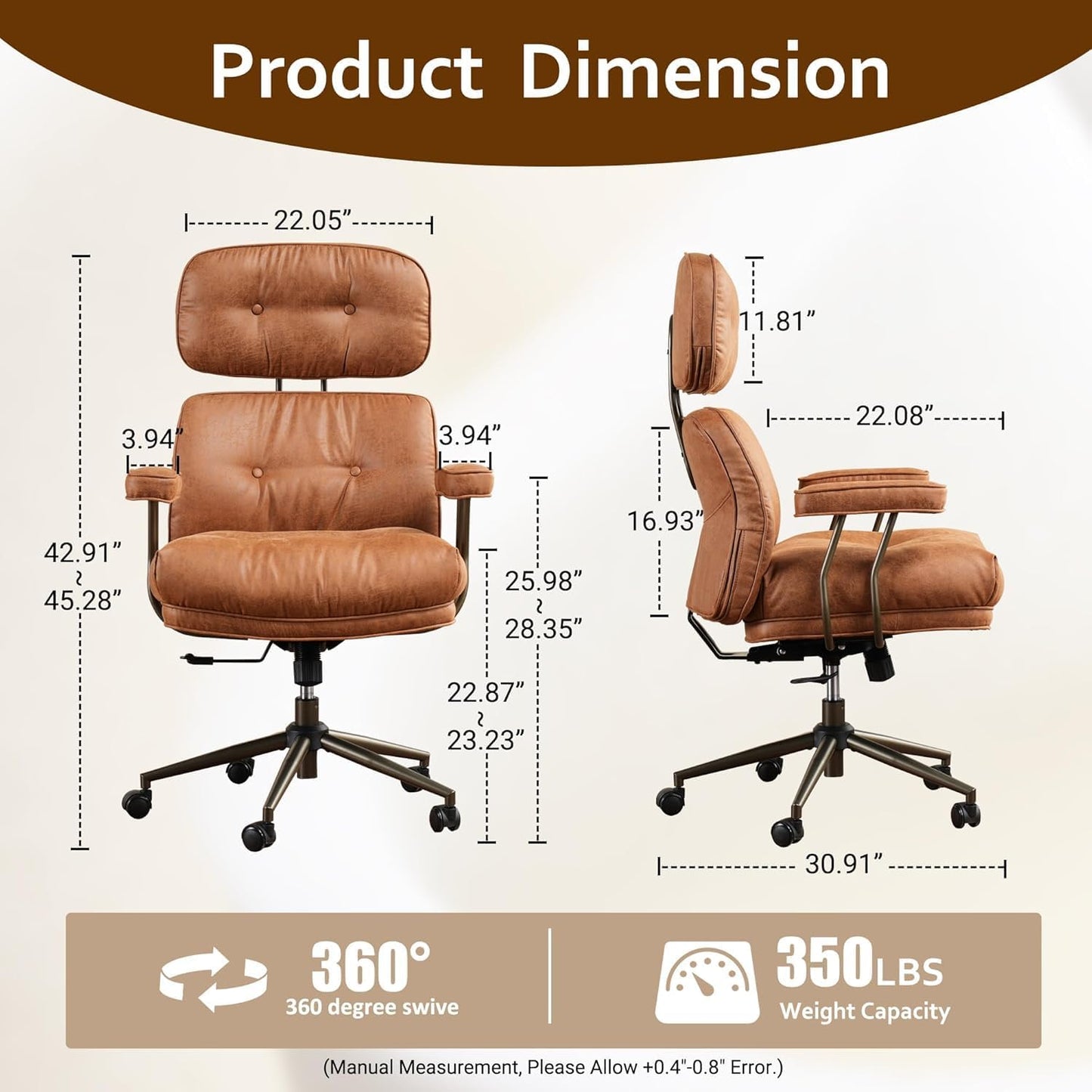 Faux Leather Executive Office Chair - Big and Tall Ergonomic Home Office Chair,Reclining Computer Desk Chairs with Lumbar Support,Adjustable Swivel Rolling PC Chairs with Wheels,Suede,Brown