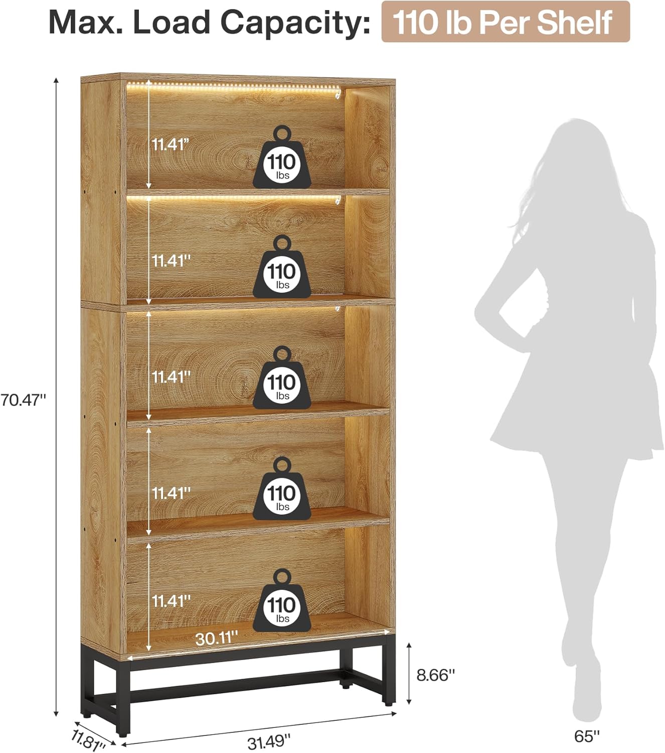 Tribesigns Tall Bookcase and Bookshelf, 70.8" Large Bookcases Organizer with LED Lights, Heavy Duty Free-Standing Library Bookshelf with 5-Tier Storage Shelves for Living Room, Bedroom (Brown)