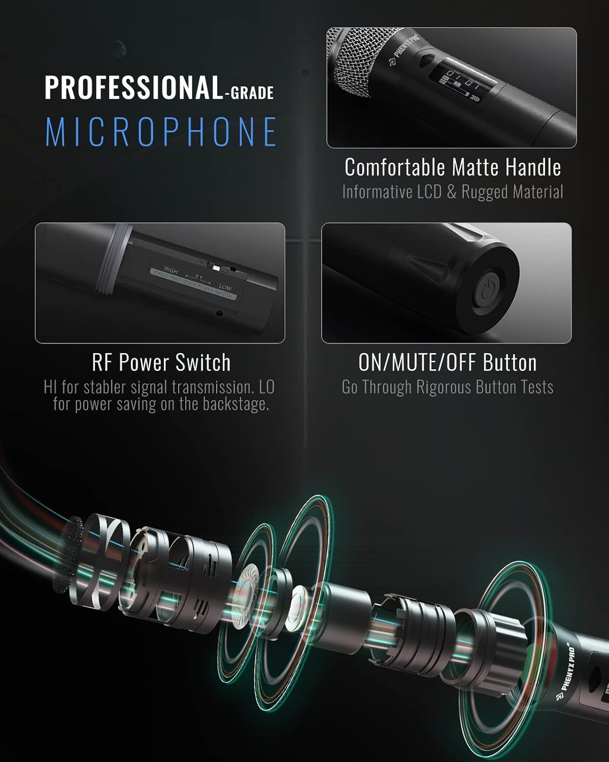 Phenyx Pro Wireless Microphone System, True Diversity Dual Cordless Microphone Set w/UHF Handheld/Bodypack/Headset/Lapel Mics, Auto Scan, 2x1000 Channels for Stage & Studio (PTU-2U-1H1B)