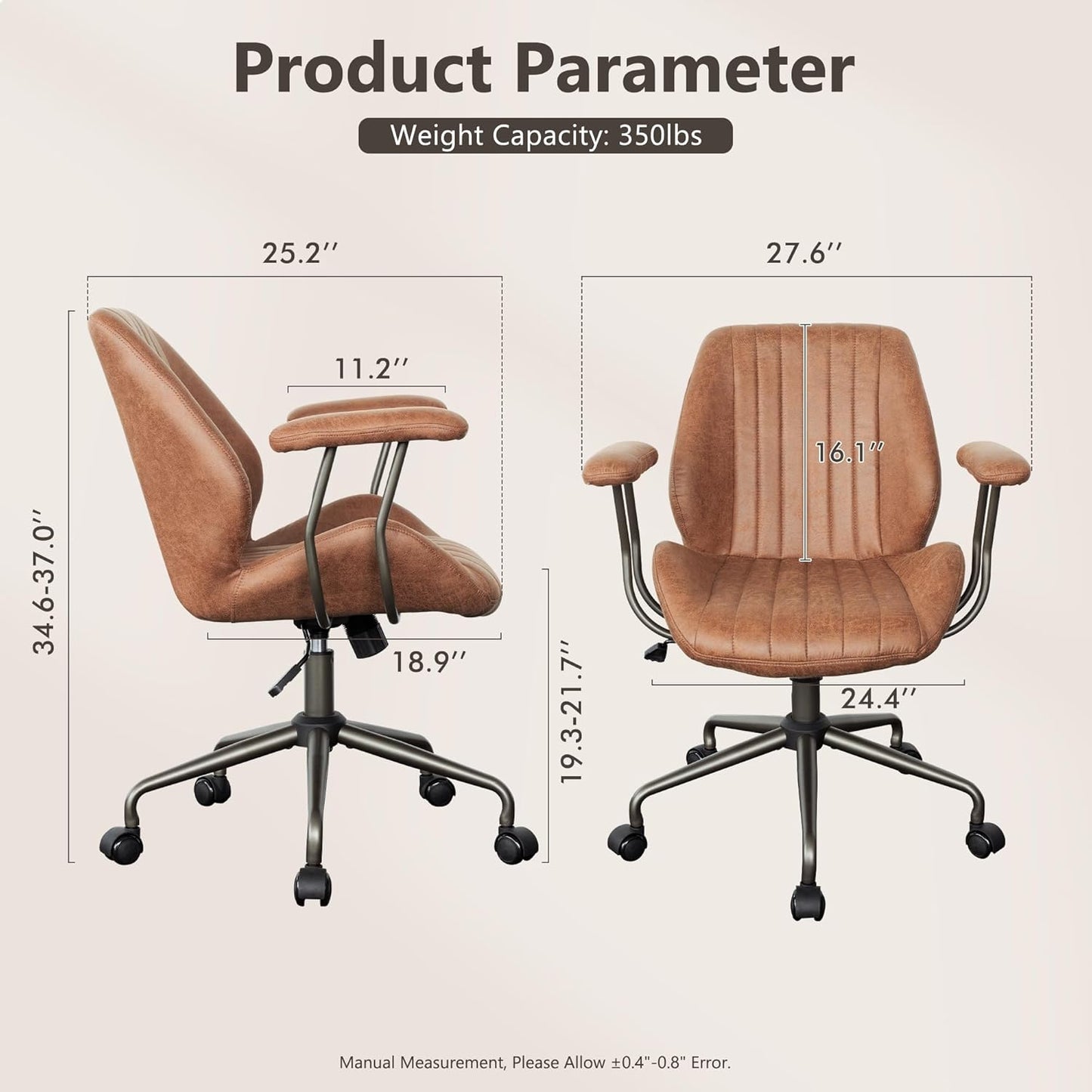 Mid Century Modren Office Chair - Mid Back Swivel Executive Chair with Lumbar Support,Ergonomic Computer Desk Chair with Wheels,Faux Lether Suede Task Chair,350lbs (Brown, Mid Back)