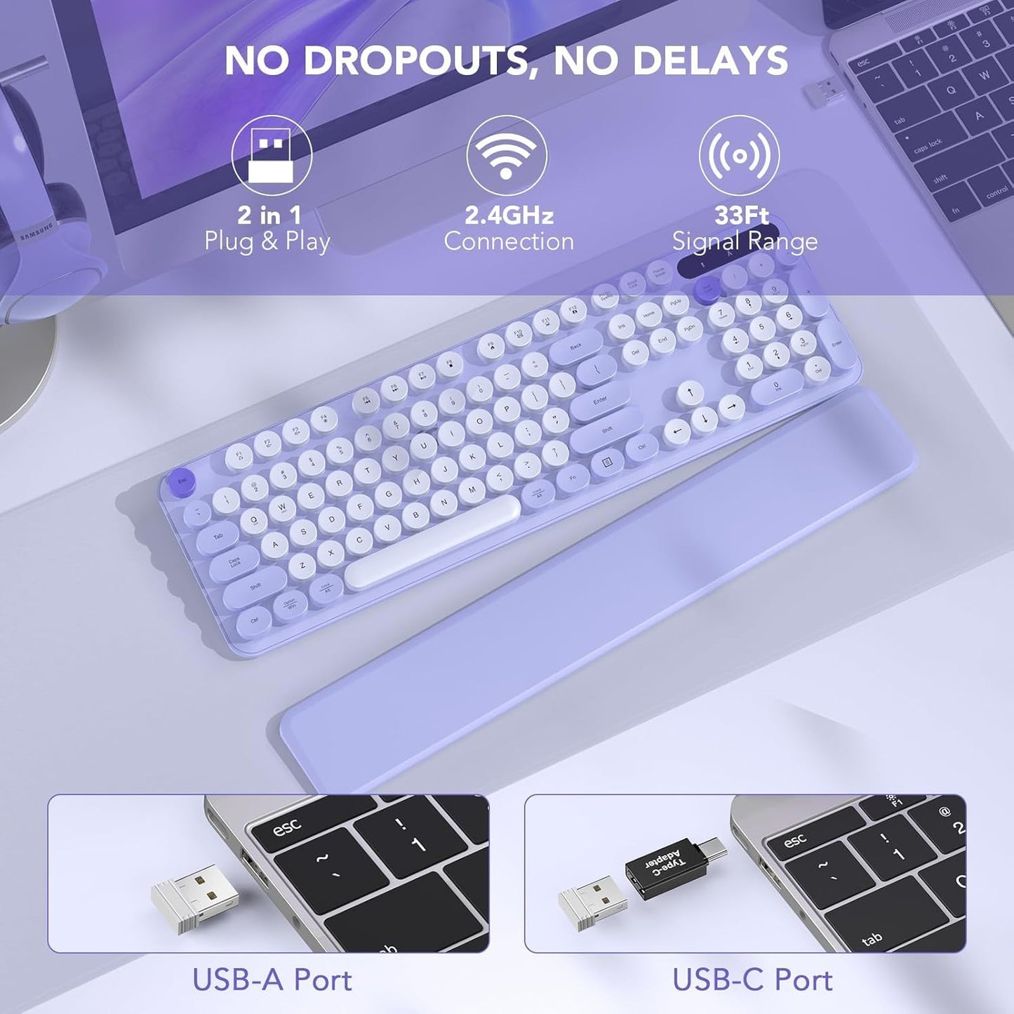 Wireless Keyboard, Round Keycaps, Retro Typewriter Keyboard with Detachable Wrist Rest, Sleep Mode, Foldable Legs, 2.4GHz Full-size Cordless Computer Keyboard for Windows/PC/Laptop (Colorful-Purple)
