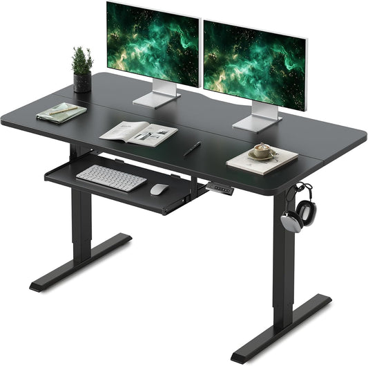 FEZIBO Standing Desk with Keyboard Tray, 55 x 24 Inch Adjustable Height Sit Stand Desk with Memory Presets for Home Office, Ergonomic Computer Workstation, Black