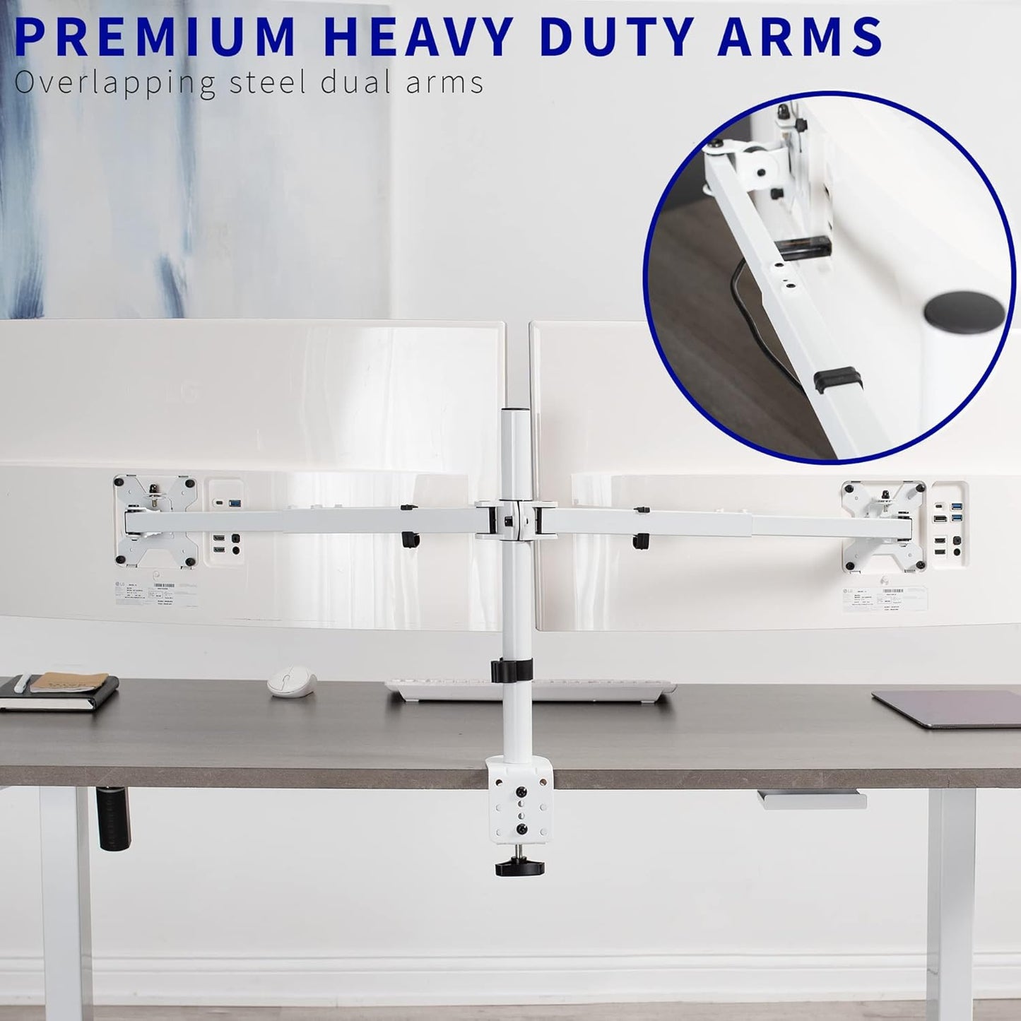 VIVO Premium Dual Ultra Wide LCD LED 27 to 38 inch Monitor Desk Mount, Heavy Duty, Adjustable Telescoping Arms, Flush Wall Setup, Fits 2 Screens, White, STAND-TS38CW