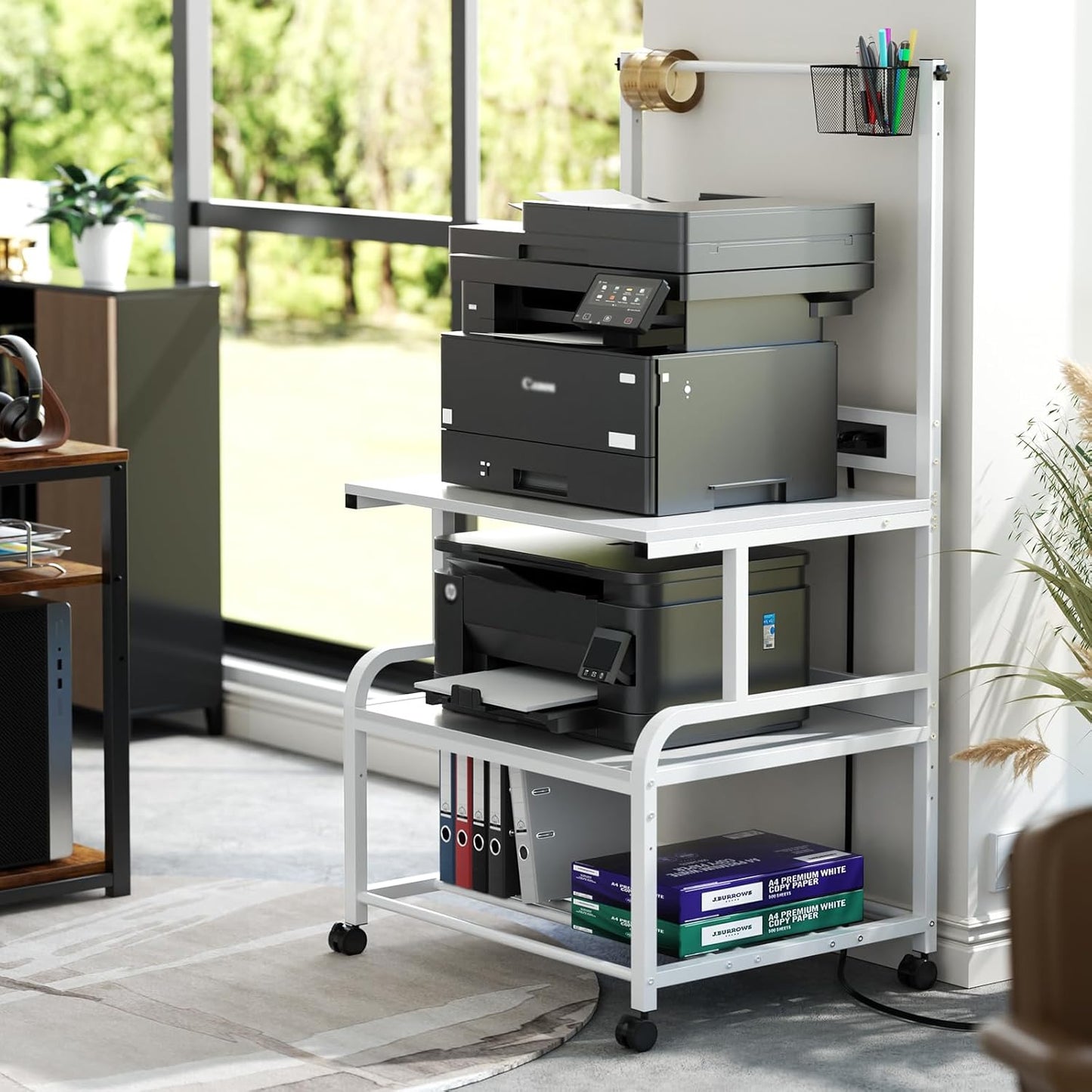 Homieasy Printer Stand with Charging Station, 29.1" x 22.8" Large 3D Printer Table with Filament Storage, Heavy Duty Rolling Printer Cart with 4-Tier Storage for Workshop/Office/Garage, White