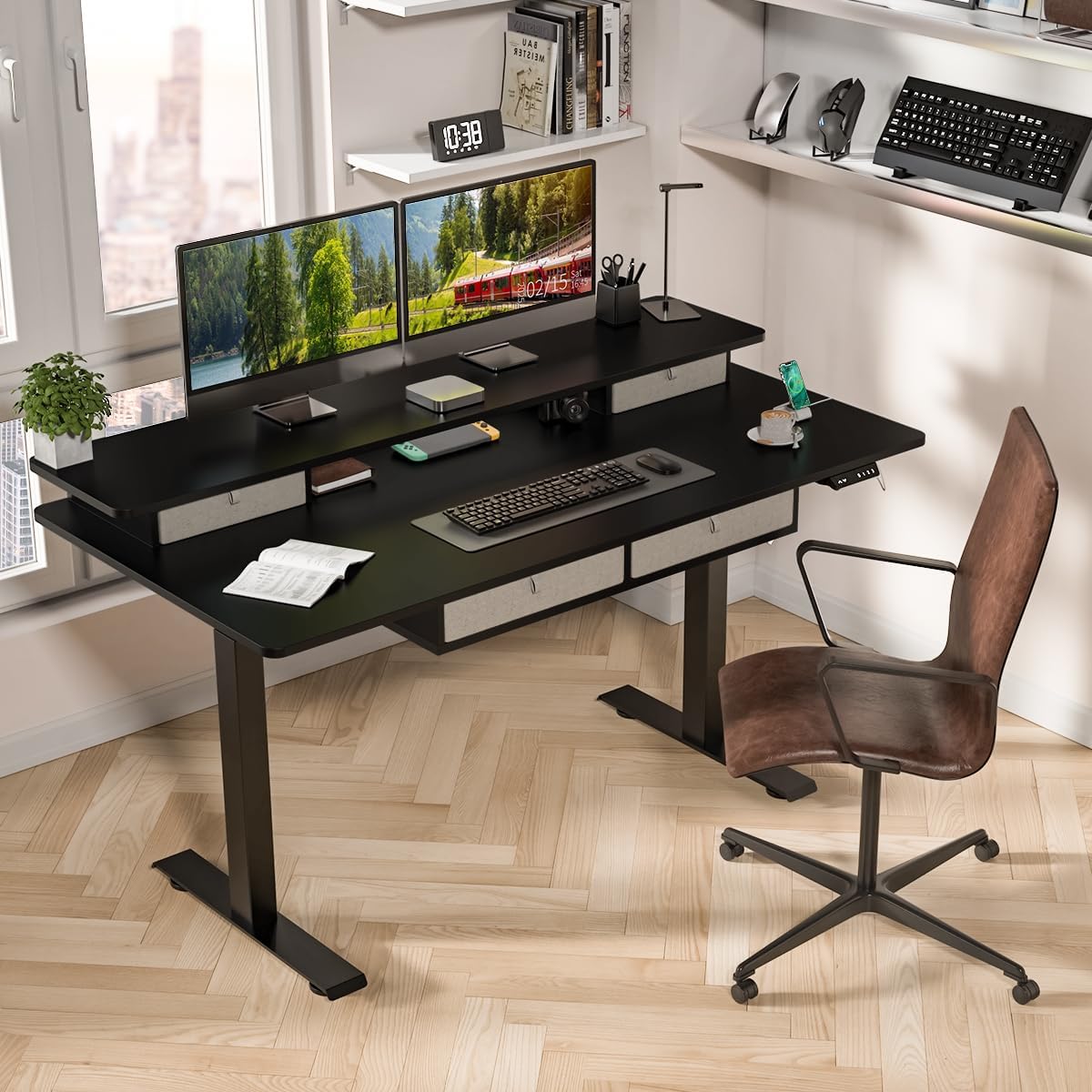 Standing Desk with Fast Charging USB Ports, 63" x 30" Height Adjustable Home Office & Gaming Desk, Sit Stand Desk with Built-in Storage Shelf, Hook & Ergonomic Design(Classic Black)