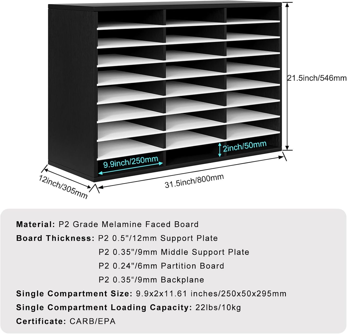 PAG Mail Sorter Organizer, Wood Literature Organizer, Student Mailbox for Classroom, Desktop Bill Paper Organizer for Office Home School, 27 Compartments, Black&White