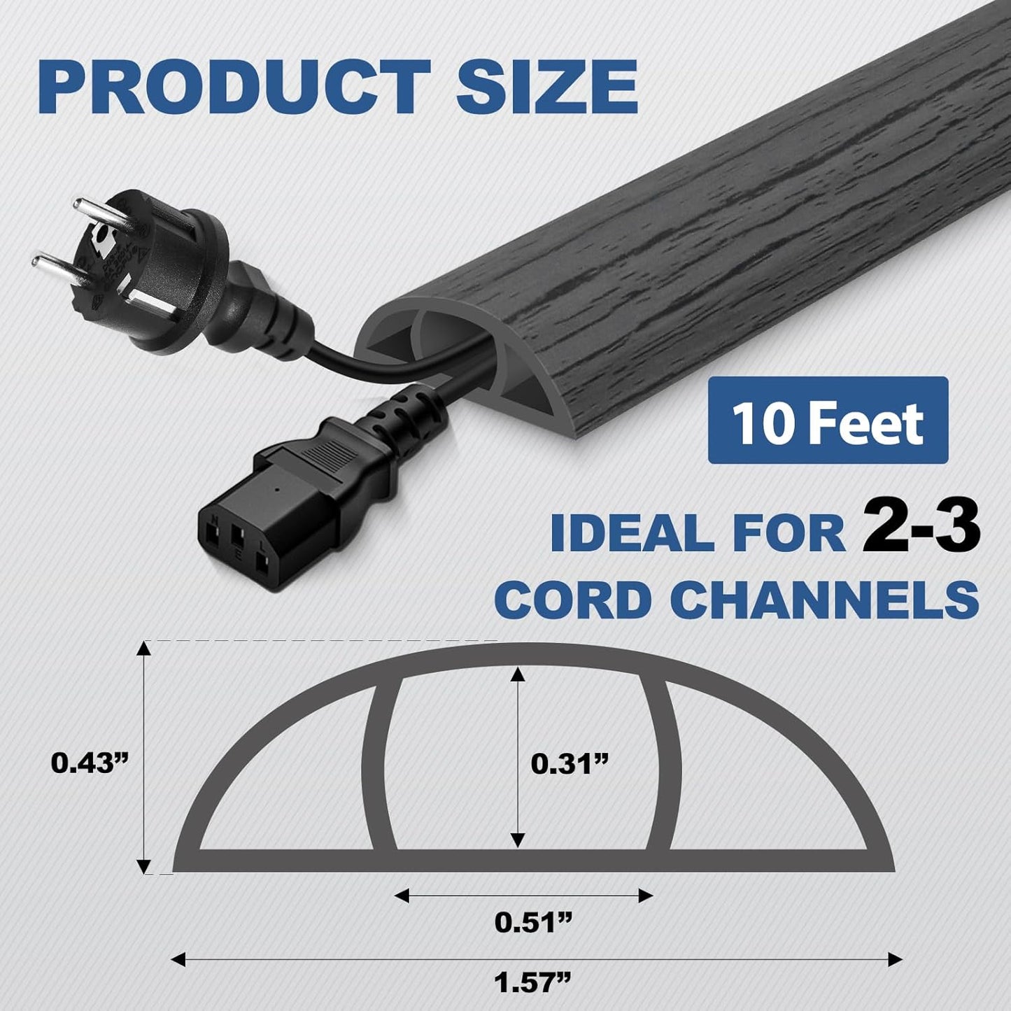 Floor Cord Cover for Wires on Floor Self Adhesive Cord Hider Floor Cable Management Wire Covers for Cords Protector Prevent Cable Trips Cord Cavity W 0.51" x H 0.31", Deep Gray Wood, 10Ft