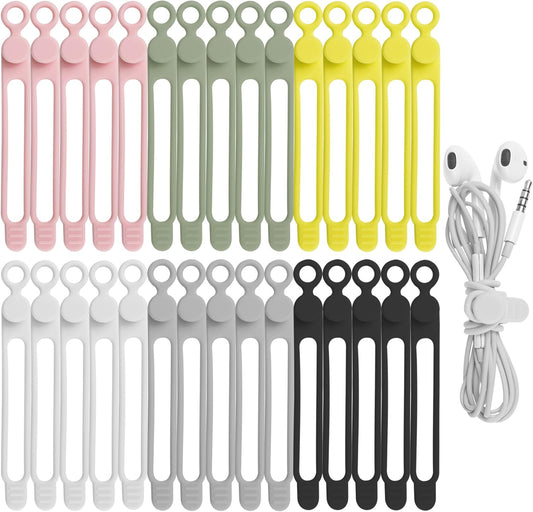 30Pcs Nearockle Silicone Cable Ties for Bundling Earphone, Phone Charger, Computer Cords, Reusable Cord Organizer Cable Management in Home,Office,Kitchen,School (6 Colors)