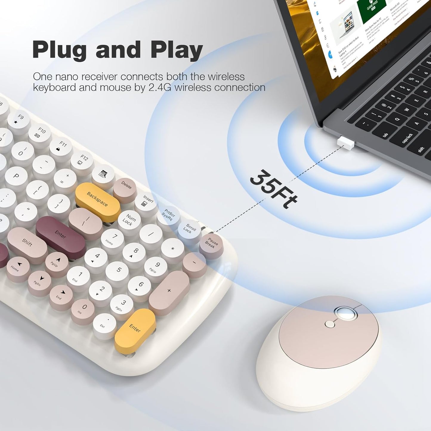 Wireless Keyboard and Mouse Combo, MOWUX - Modern Compact Layout, Colorful Compact Candy Mouse and Retro Round Keyboard Set with Cover, for PC/Laptop/Windows/Mac - Off-White Colorful