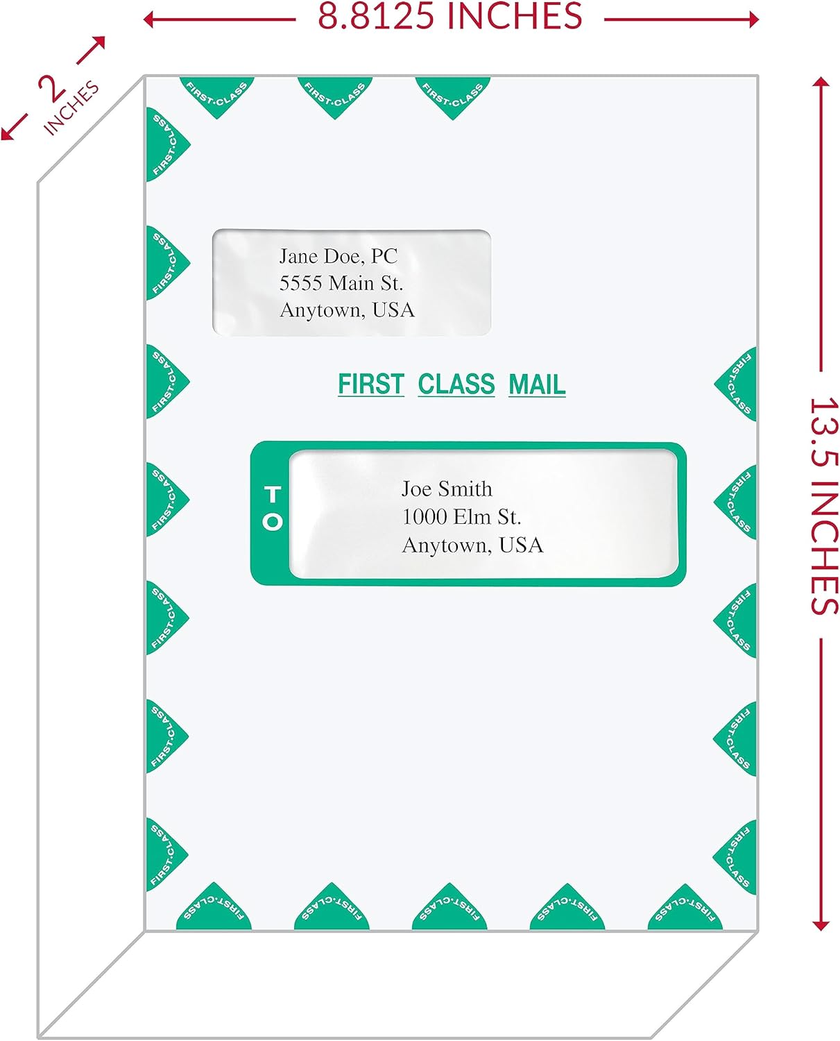 First Class Double Window Envelope | Tax Mailer, Tyvek Expandable, White/Green, Self-Seal, 8-13/16" x 13-1/2" x 2", Pack of 50