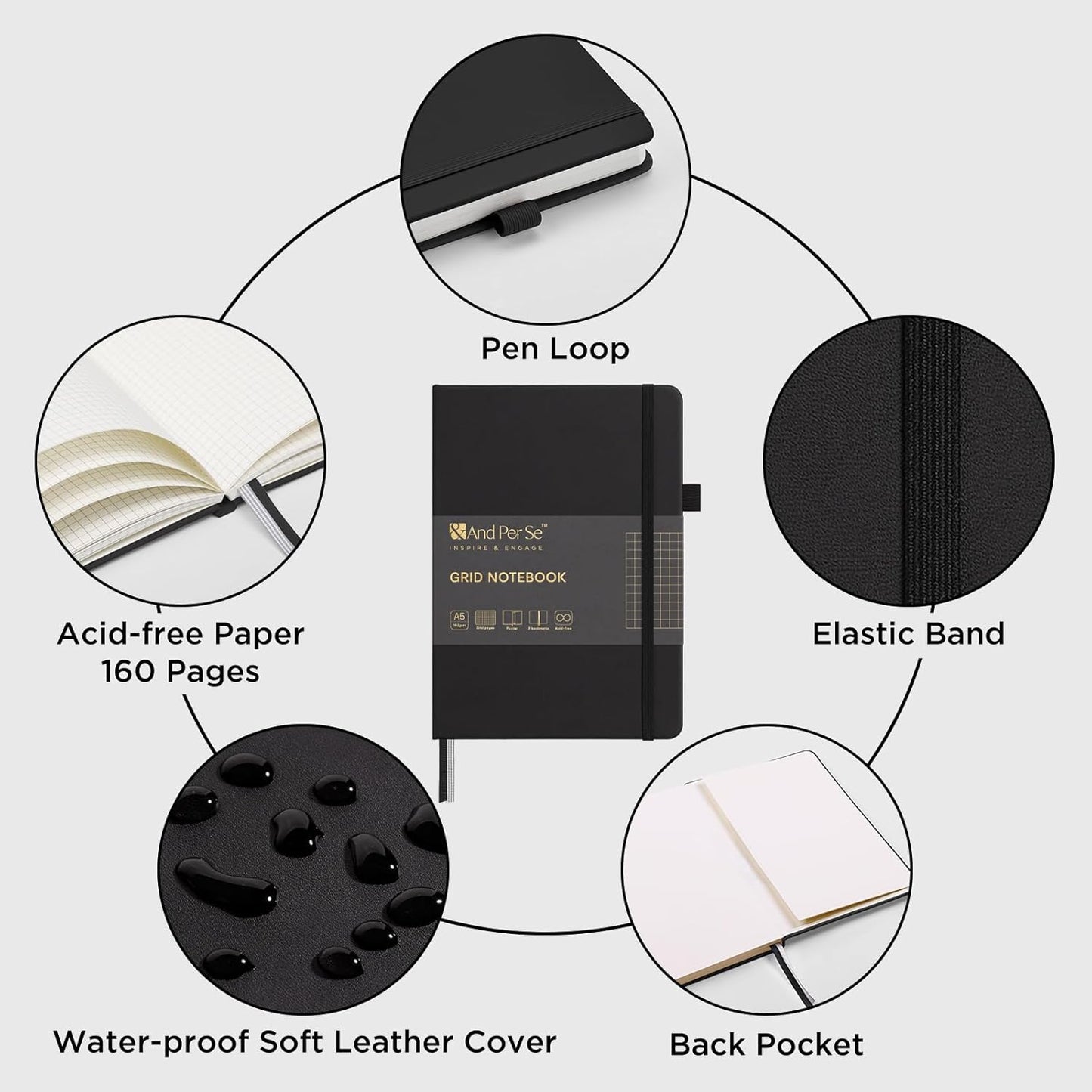 &And Per Se Graph Journal Notebook, 160 Pages, 5.7 x 8 inches College Ruled Thick Paper Notebook Journals for Writing, Grid Hardcover Notebook(1 Pack, black)