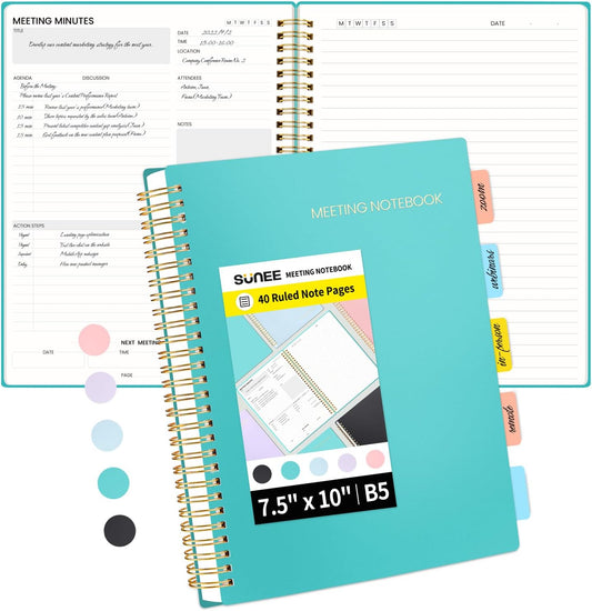 SUNEE Meeting Notebook for Work with Action Items - 160 Pages, B5 Size Project Planner, Spiral Meeting Agenda/Minutes Notebook Organizer for Women Men, Note Taking, Office & Business, 7.5"x10", Teal