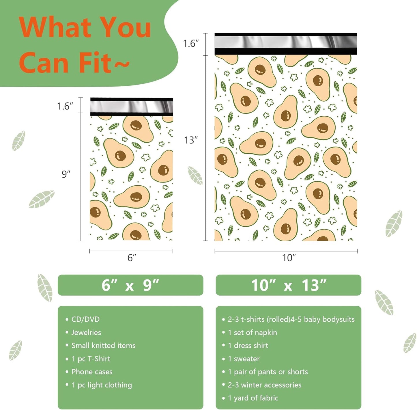 Poly Mailers 6x9 Inch 100 Pcs - Avocado printed Shipping Bags, 2.4mil Thickness, Waterproof and Tear Resistant Mailing Envelopes, Self-Sealing Packaging Bags for Small Business