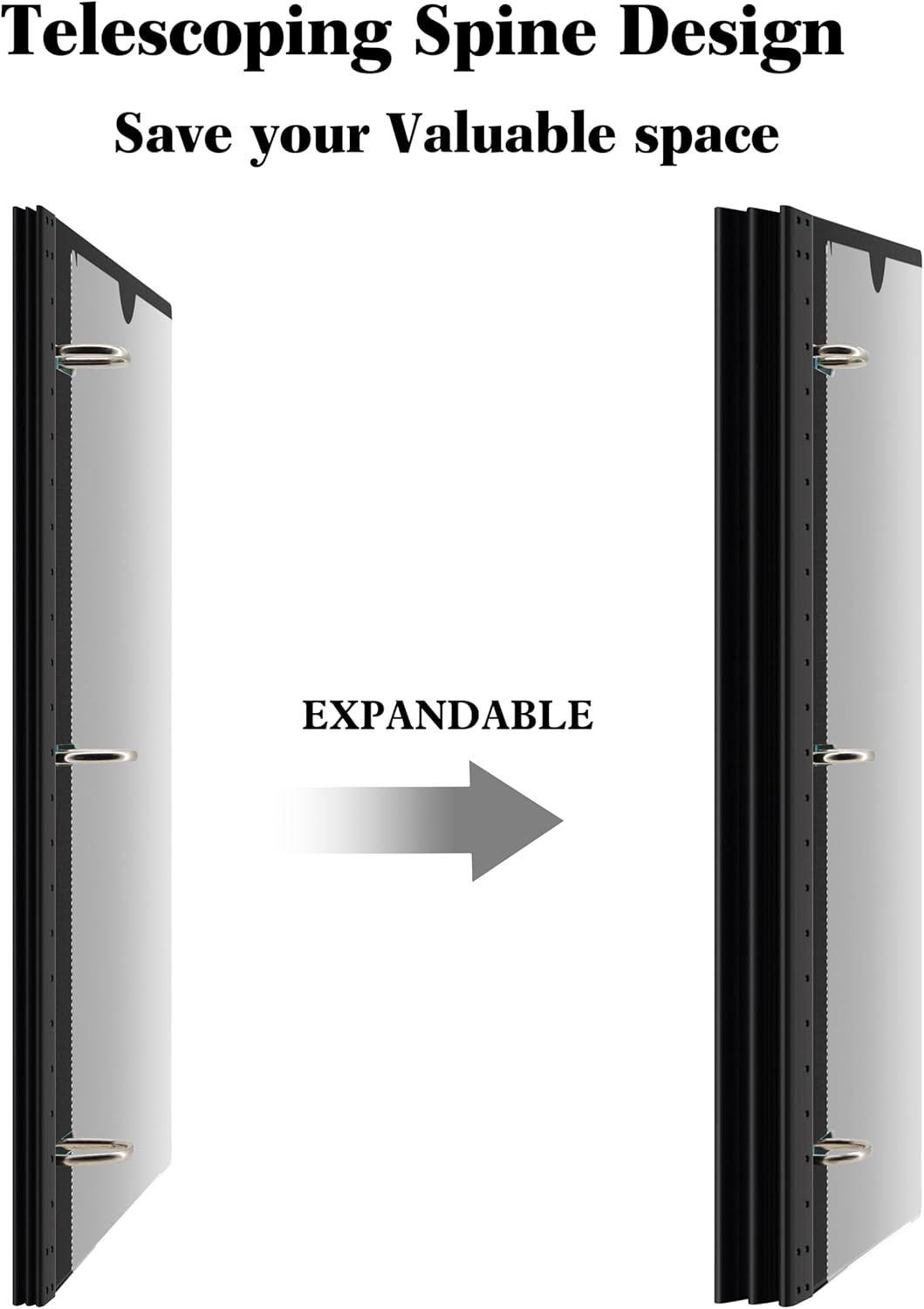 INFUN 1 Inch Telescoping 3 Ring Binder Black+White - 4 PCS， Flexible Binders with Customizable Front Cover and Clear Catalog Pocket,1 inch Binders 3 Ring, 225 Sheet Capacity