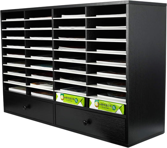 PAG Mail Sorter Organizer, Wood Literature Organizer, Student Mailbox for Classroom, Desktop Bill Paper Organizer for Office Home School, 38 Compartments, Black&White