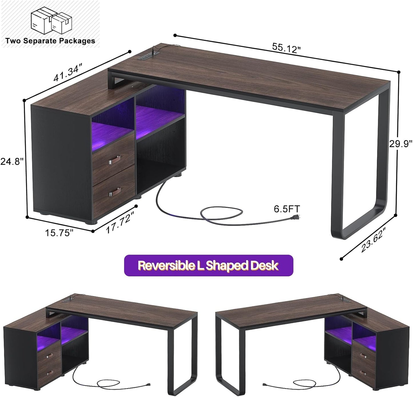 Homieasy L Shaped Desk with File Cabinet & Power Outlet, Reversible 55 Inch Large Corner Computer Desks with LED Strip, L-Shaped Computer Desk with Drawers and Storage Shelves, Espresso