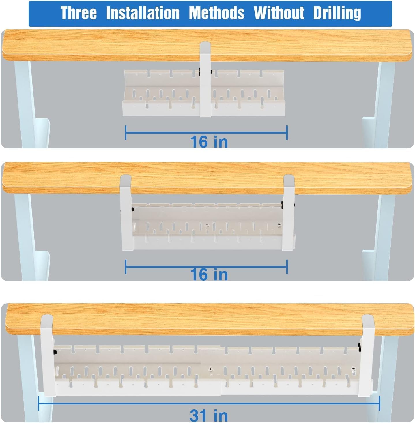 No Drilling Under Desk Cable Management, Metal Cable Management Tray Under Desk with Clamp, Retractable Power Strip Cord Holder for Wire Management 31Inch (2 Pack White)