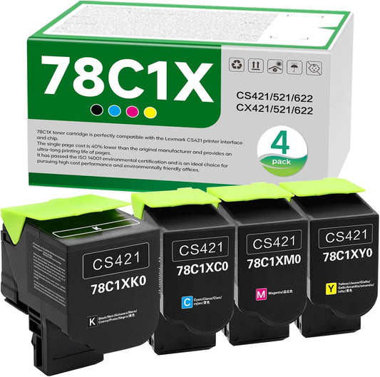 78C1XK0 78C1XC0 78C1XM0 78C1XY0 High Yield Toner Cartridge Replacement for Lexmark CS421 CS521 CS622 CX522 CX421 CX622 CX625 CS622de CS521dn CS421dn CX421adn CX522ade Printer （4 Pack）