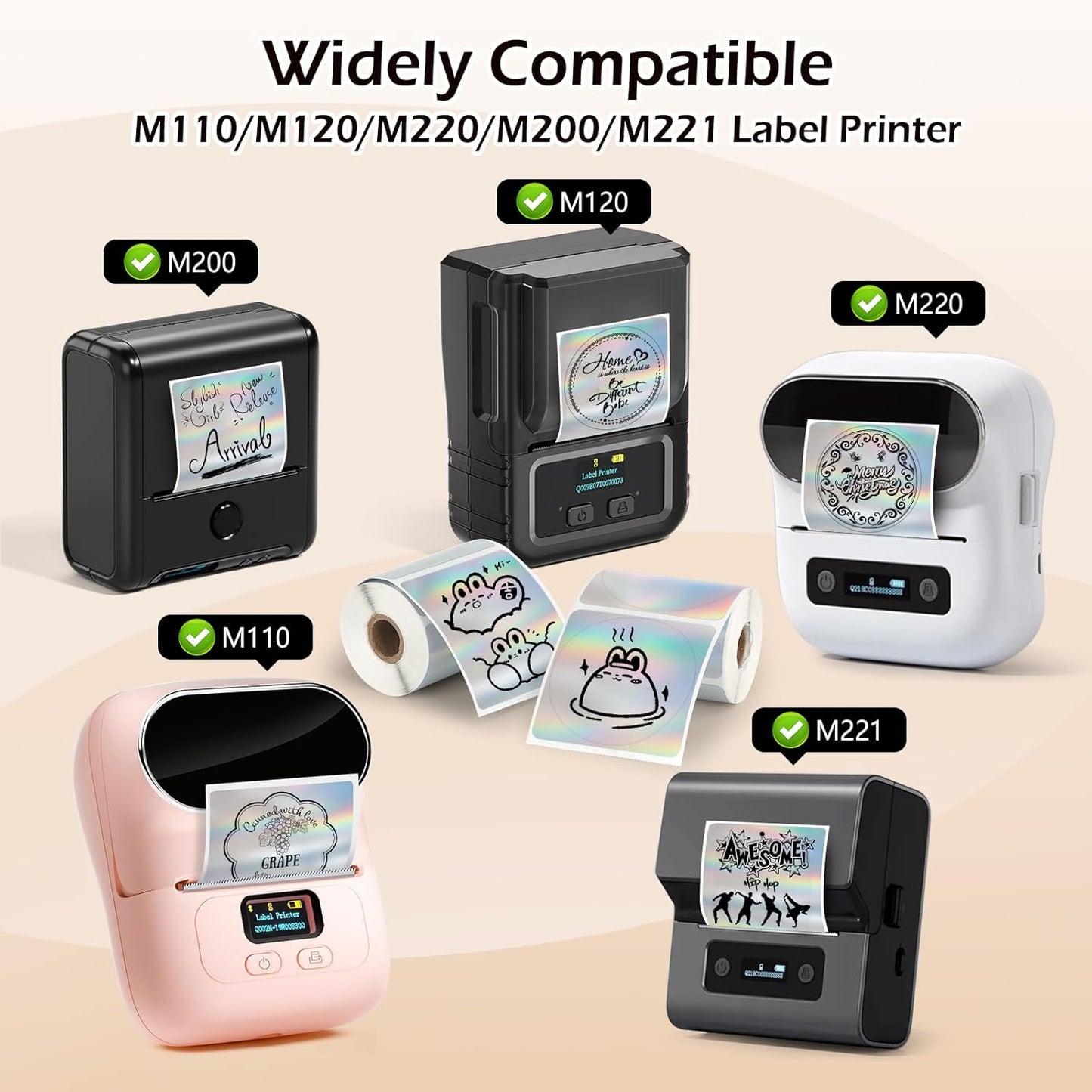 HuiJuKeJi 2 Rolls Holographic Silver Thermal Labels Paper for Phomemo M110 M200 M220 M221,50x50MM Round＆Square,Waterproof Self-Adhesive Mini Printer Laser Stickers for DIY Glitter Labels/Thanks Card