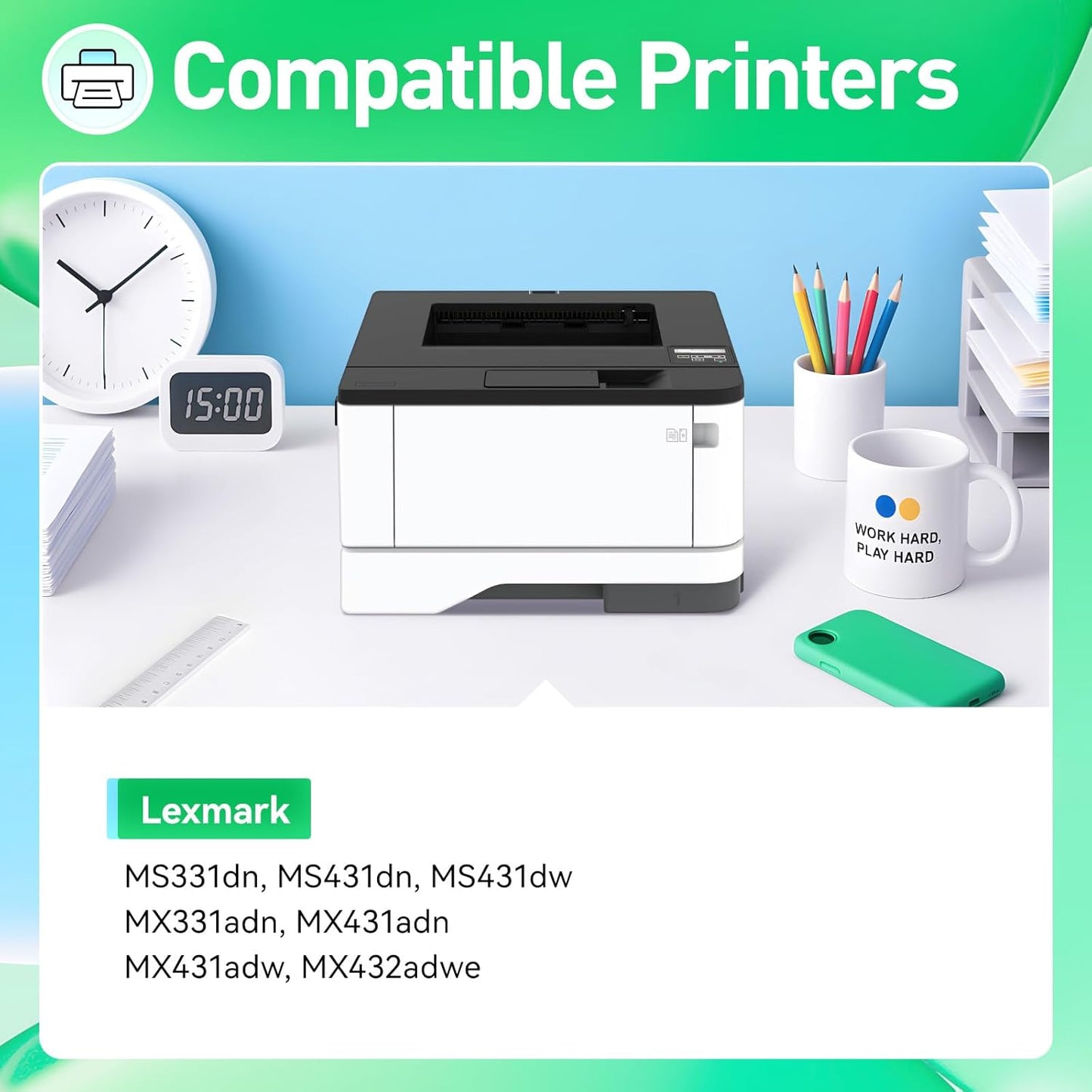 55B1H00 Toner Cartridge Black High Yield with Chip 15,000 Page-Yield Replacement for Lexmark MS331dn MS431dn MS431dw MX331adn MX431adw MX431adn MX432adwe MS331 MS431 MX331 MX431 Laser Printer 55b1000